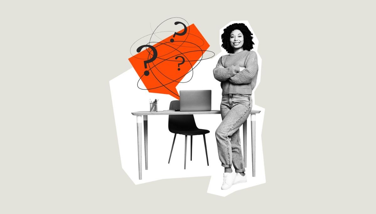 Stylized collage of worker with laptop and inquiry symbols, used to depict reference check questions in engineering recruitment.