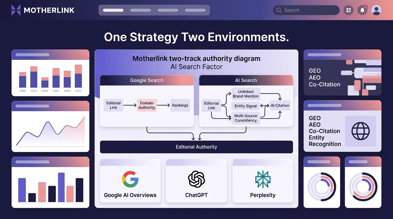 A two-track authority diagram illustrating the AI Search Factor