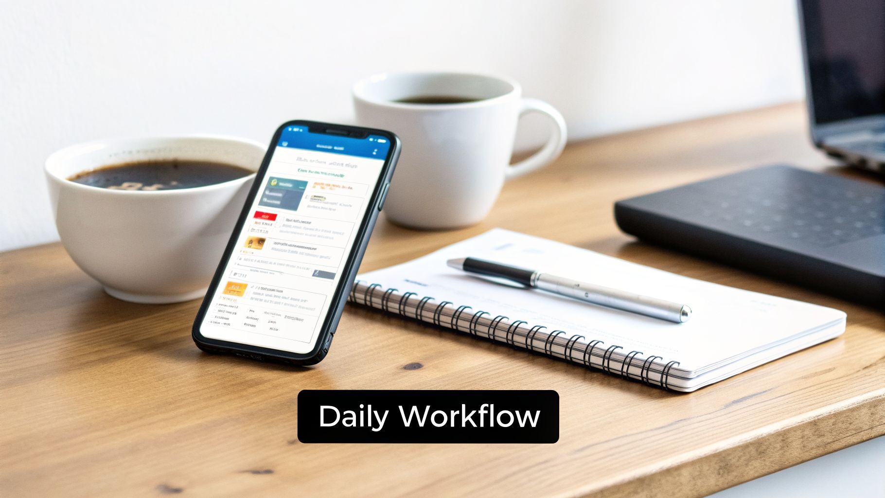 A smartphone displaying reports and analytics on a wooden desk with coffee cups and a notebook.