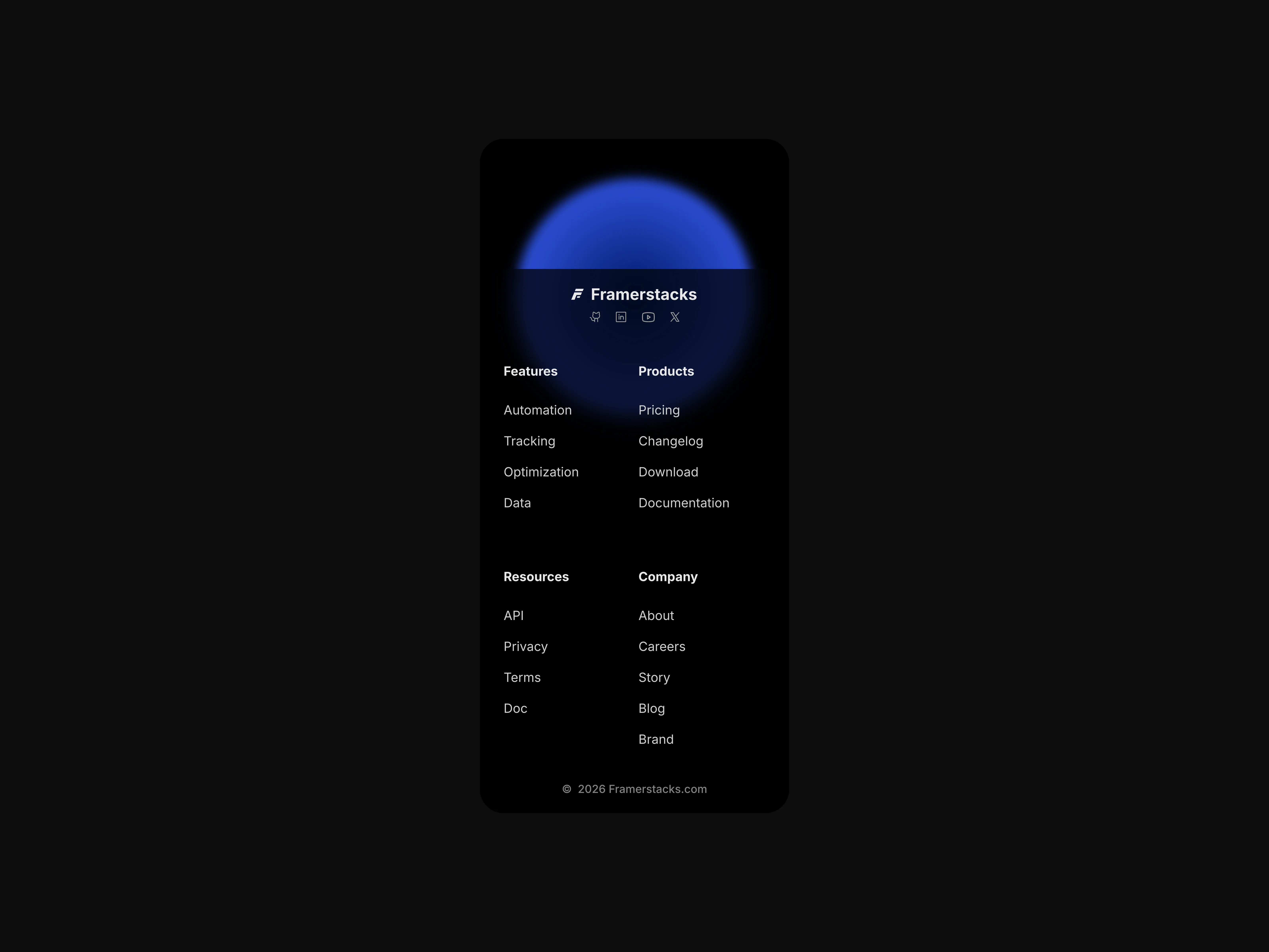a dark themed footer design UI with a blurred background, optimized for mobile device