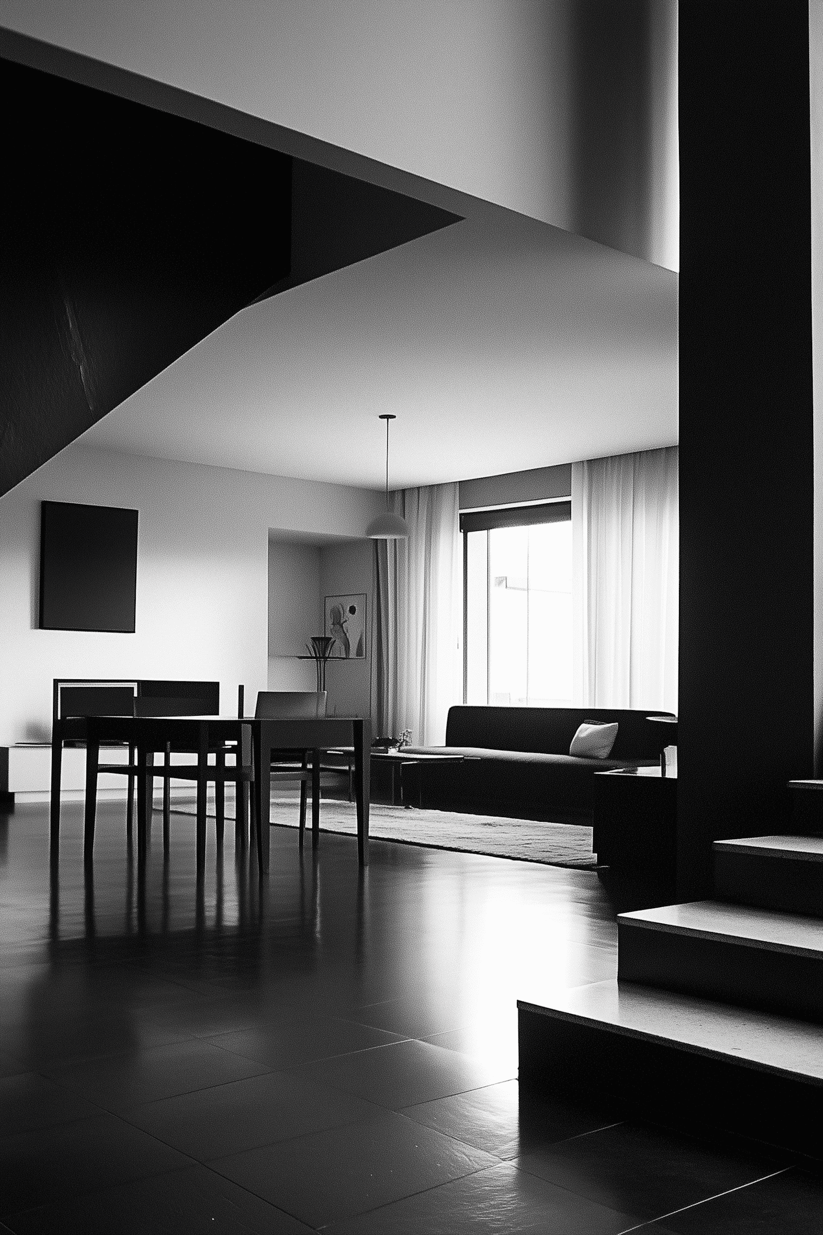 Open concept modern interior with dining area, black furniture, floating staircase, and abundant natural light