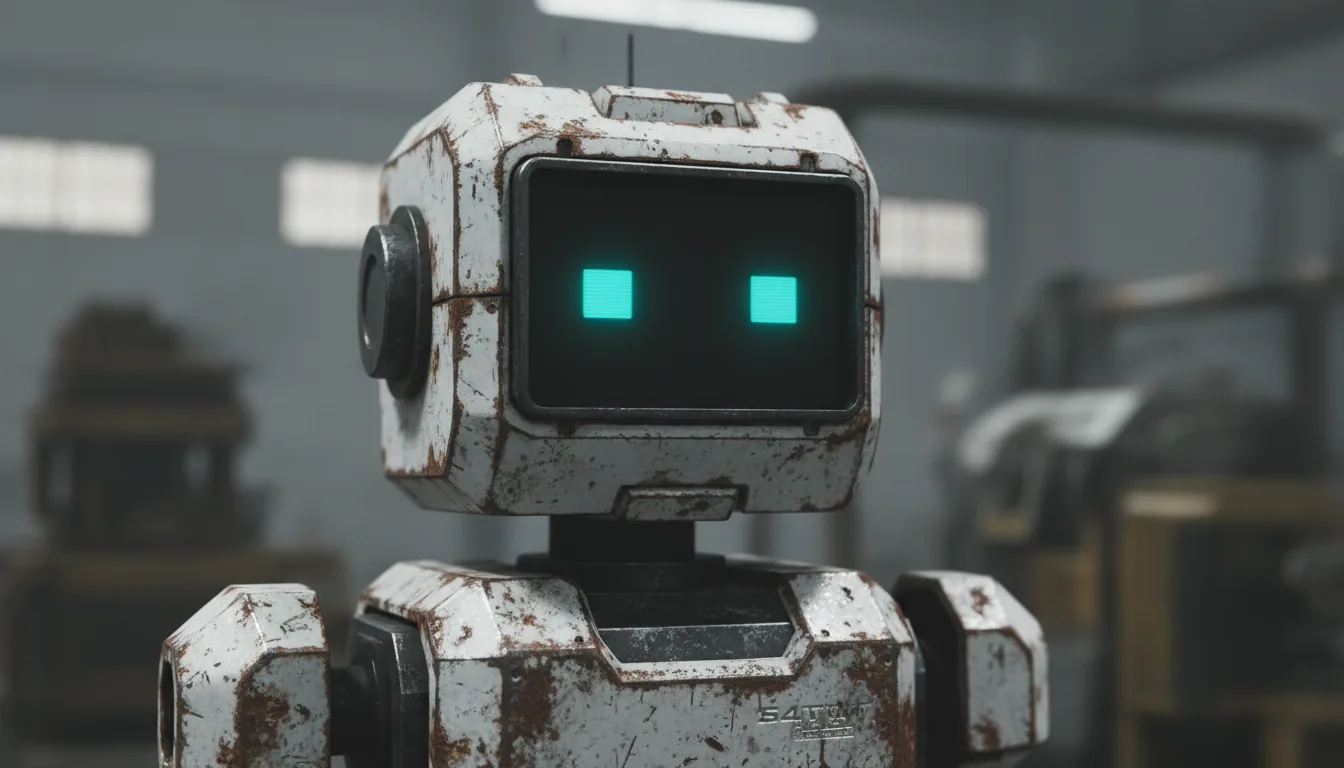 A photorealistic, hyperdetailed 3D render in the style of Unreal Engine 5, featuring a close-up shot of a weathered, boxy robot. The robot is constructed from scratched white and dark grey metal panels with prominent rust stains and grime. Its rectangular head has a dark screen for a face, displaying two simple, glowing cyan rectangular eyes. The scene is lit with soft, cinematic global illumination, creating a shallow depth of field that blurs the industrial background and focuses sharply on the robot's textured metal surfaces.