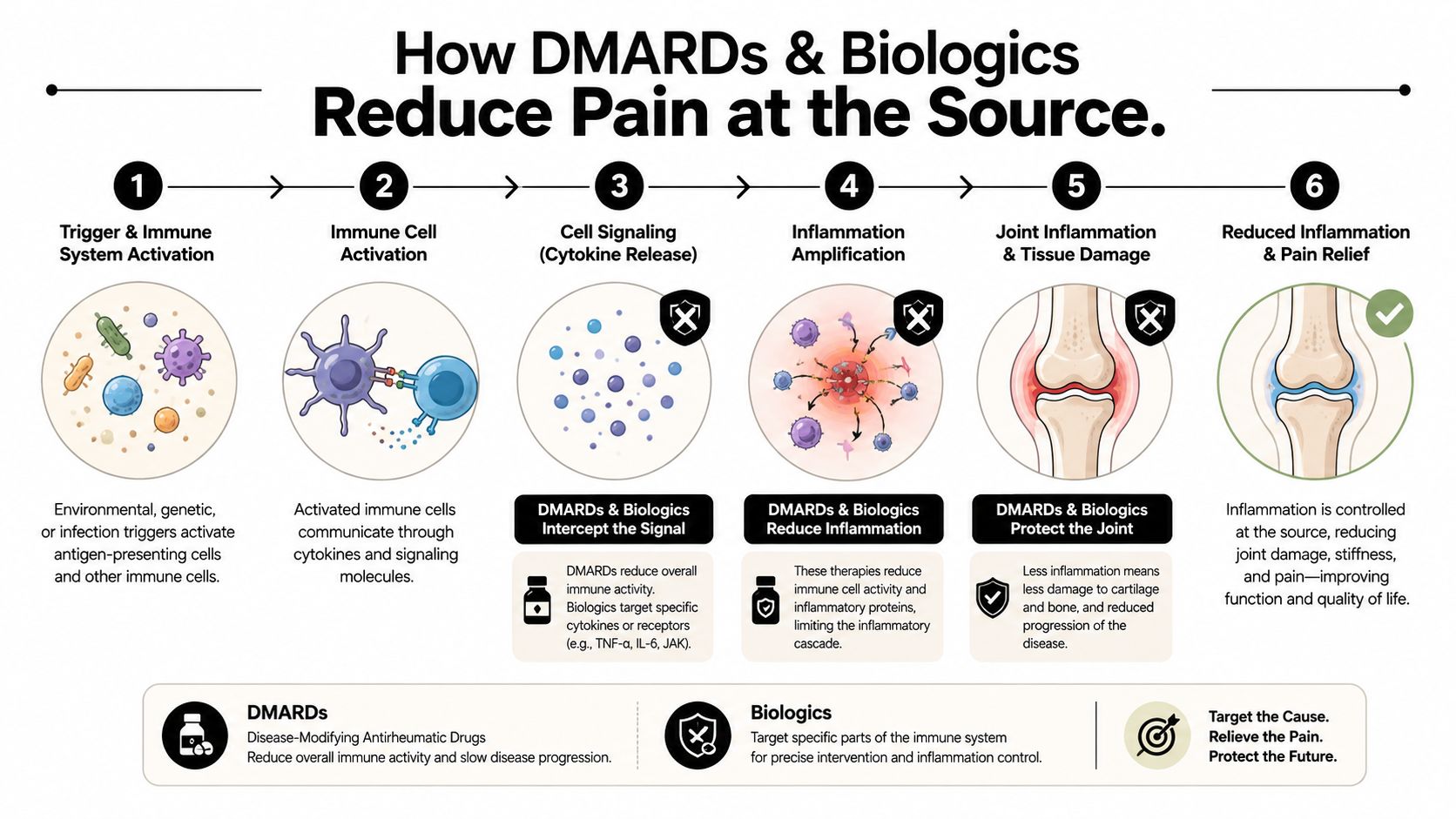 An infographic showing how DMARDs and biologics reduce inflammation and joint pain at the source.