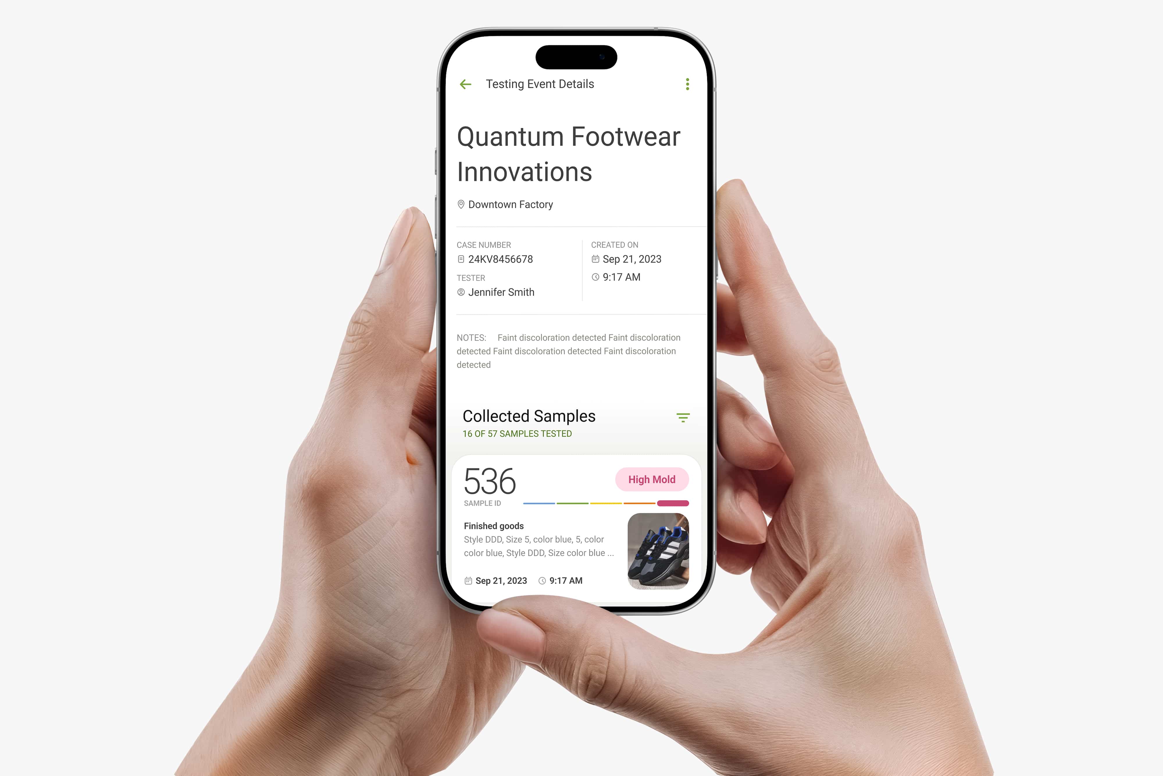 Mold Analyzer Mobile App displaying organized mold test results
