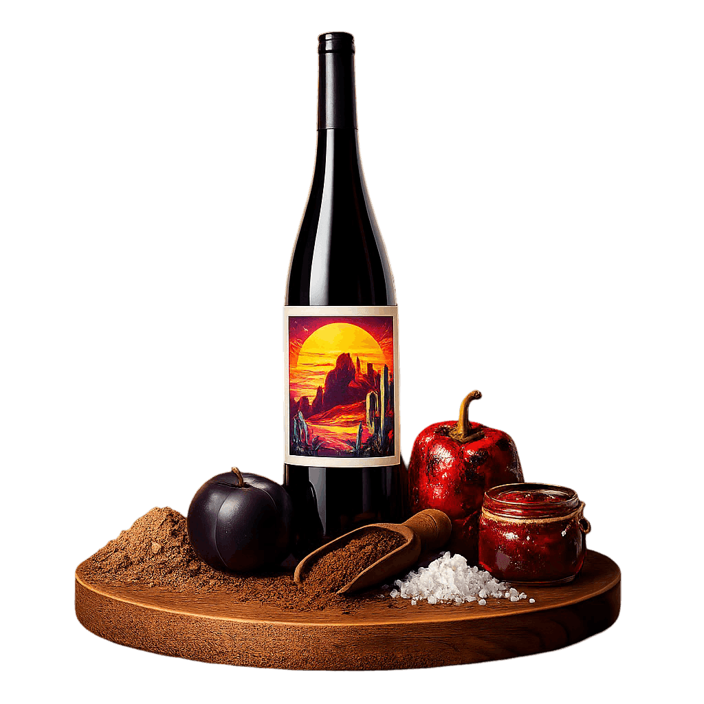 Artistic label and flavor profile for Valle de Guadalupe Red Blend on a rustic wooden table.