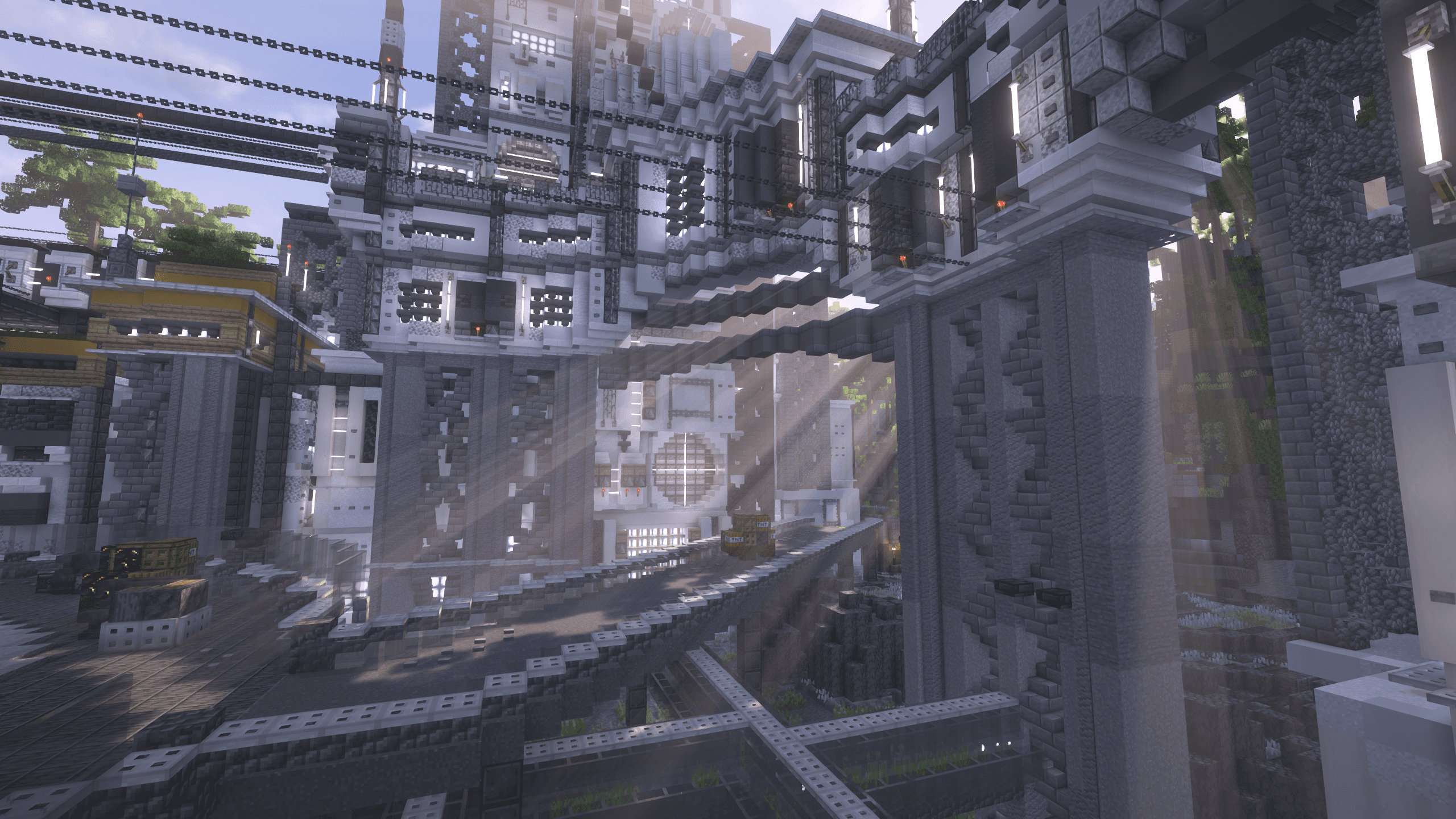 Created by Dexity, a Minecraft service build team that is an official Minecraft partner. a 600x600 cyberpunk 2077 themed spawn that functions as a lobby surrounded by lush terrain in a warzone that contains many regions and biomes