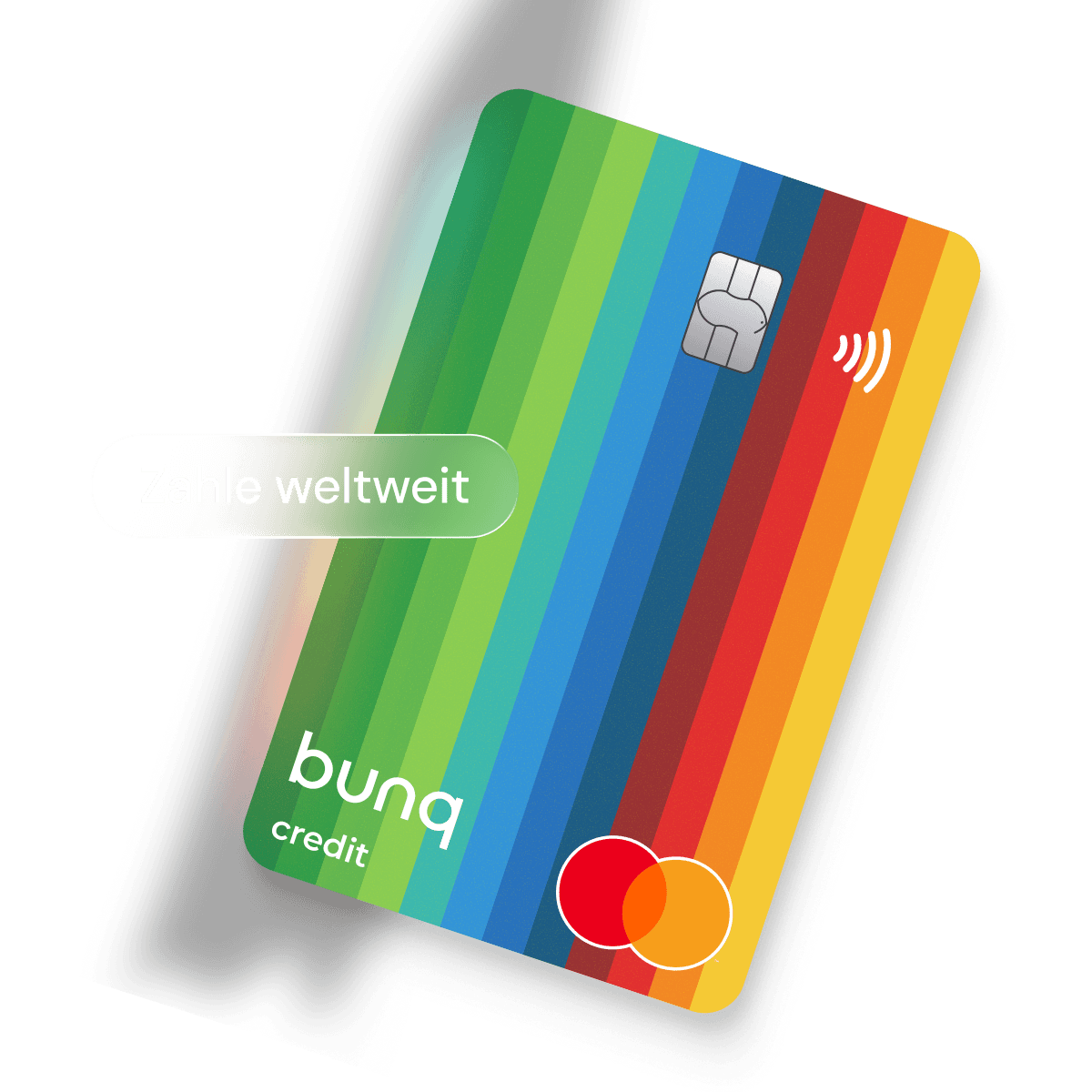 Eine Hand, die mehrere bunte Kreditkarten hält, umgeben von abstrakten Formen und Münzen.