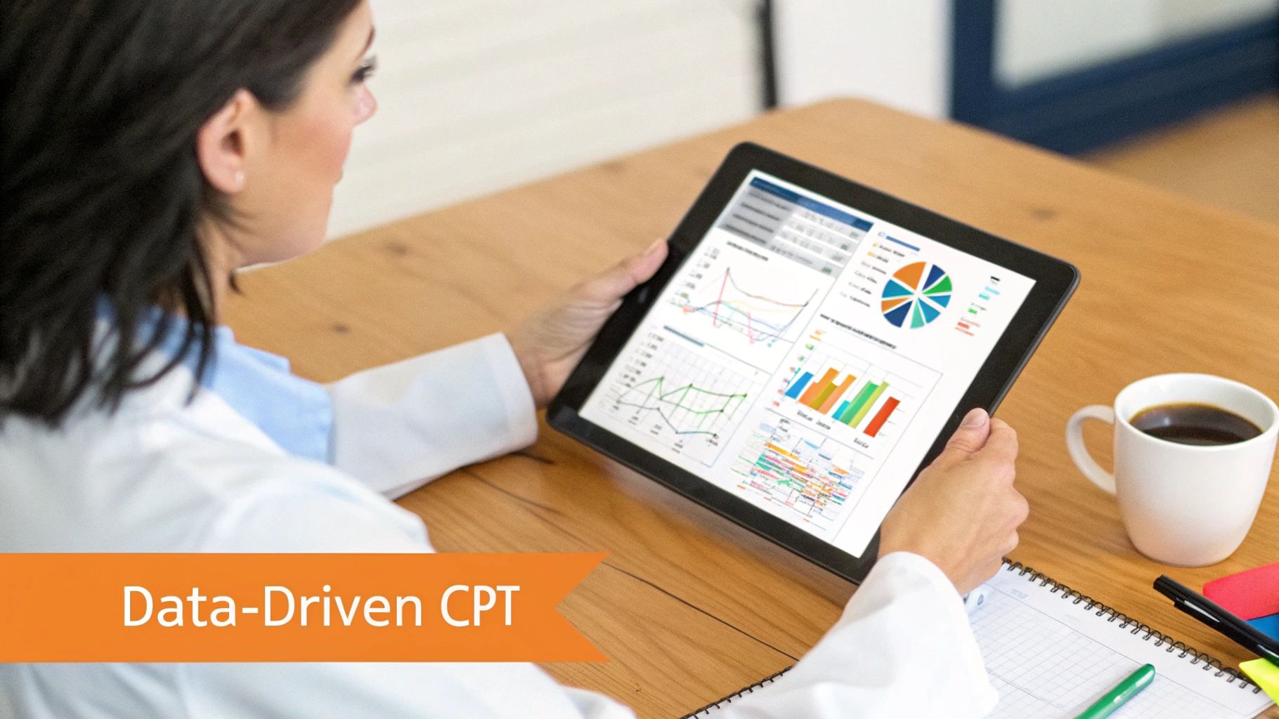 A professional reviews data analytics and charts on a tablet, applying a data-driven approach to CPT.