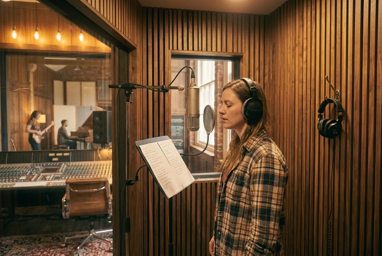 The wood-lined vocal booth with a vintage microphone
