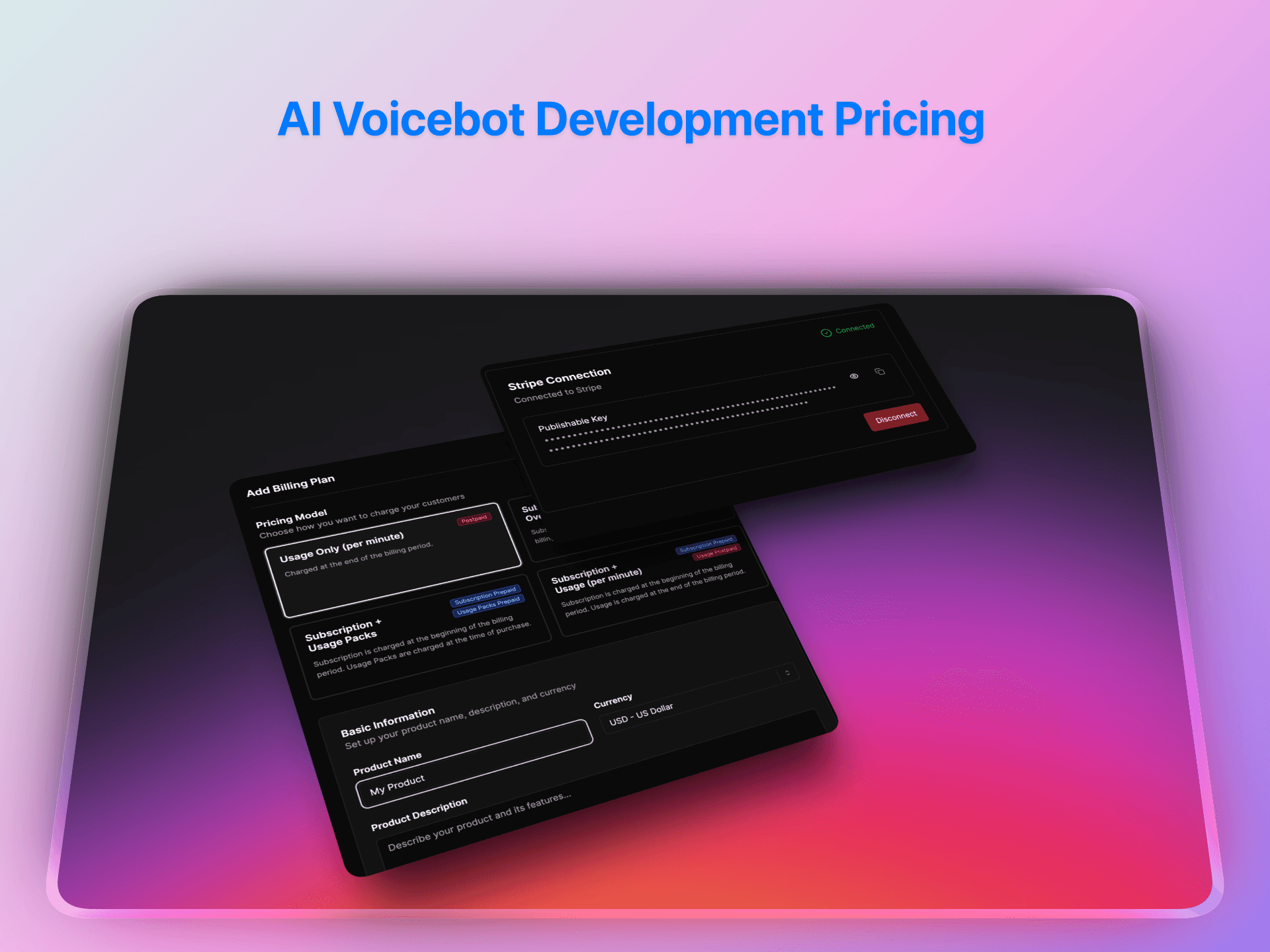 AI voicebot development pricing with flexible subscription plans and Stripe payment integration for usage-based billing | VoiceAIWrapper