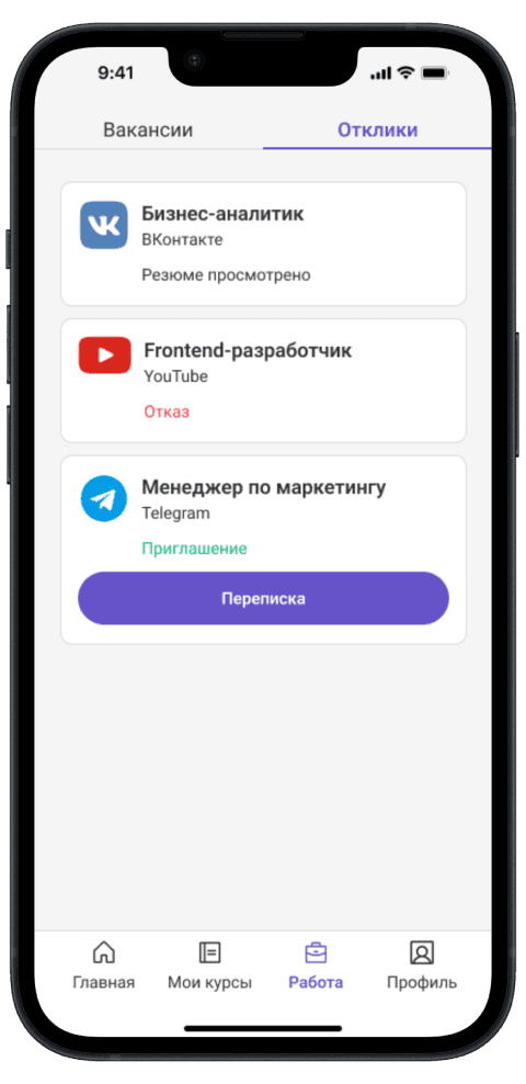 Скриншот с откликами работодателей