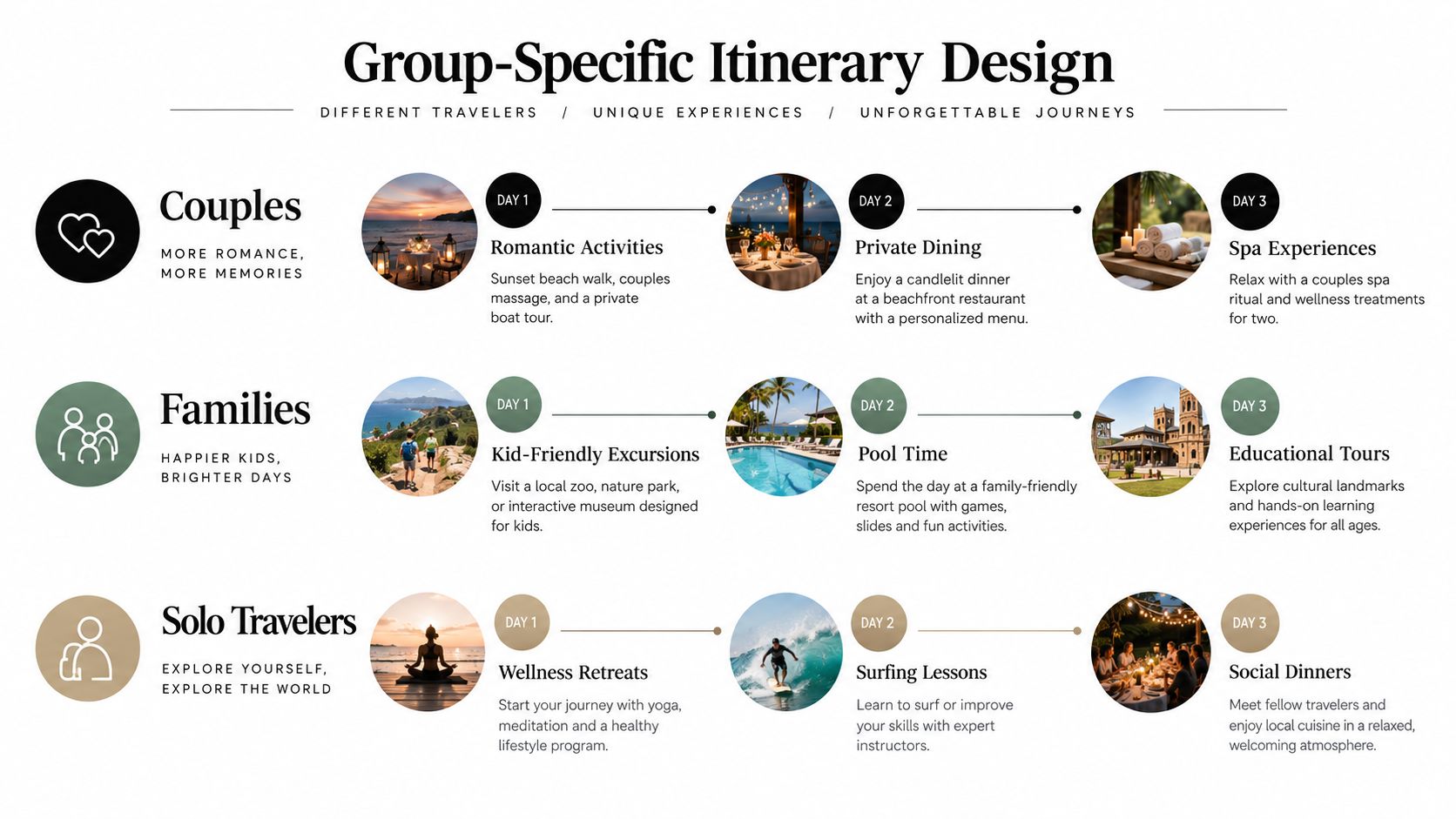 A travel infographic titled Group-Specific Itinerary Design showcasing customized three-day trip plans for couples, families, and solo travelers.