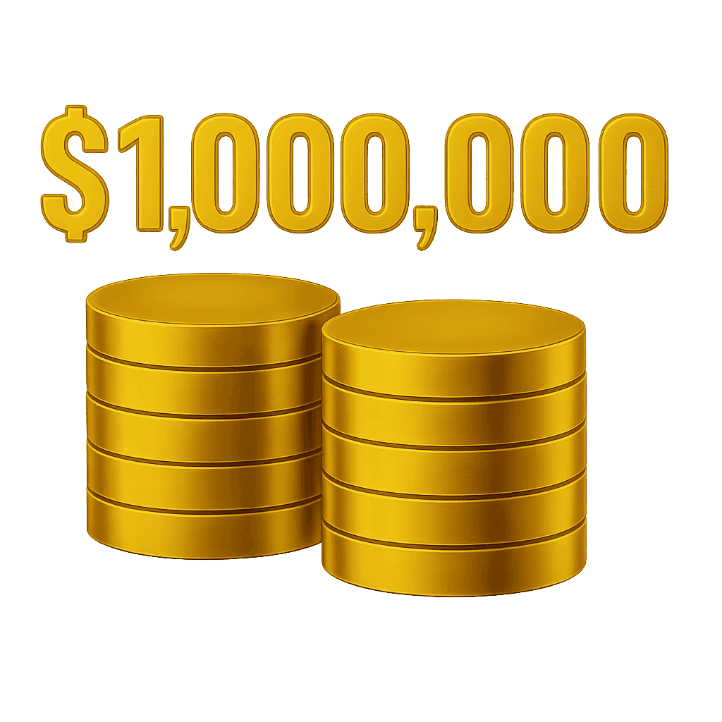 3D gold illustration with the text $1,000,000 above stacked coins and a clock icon