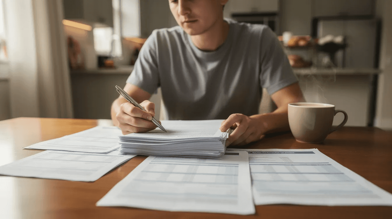 A person is seated at a kitchen table, intently reviewing financial documents that outline their investment policy statement, while a steaming cup of coffee sits nearby. The scene suggests a focus on investment strategy and objectives, as they consider their asset allocation and overall investment portfolio.
