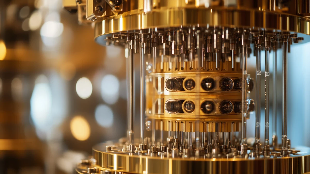 Close-up of a gold-colored quantum computing processor with intricate wiring, rods, and circular components arranged in a layered structure.