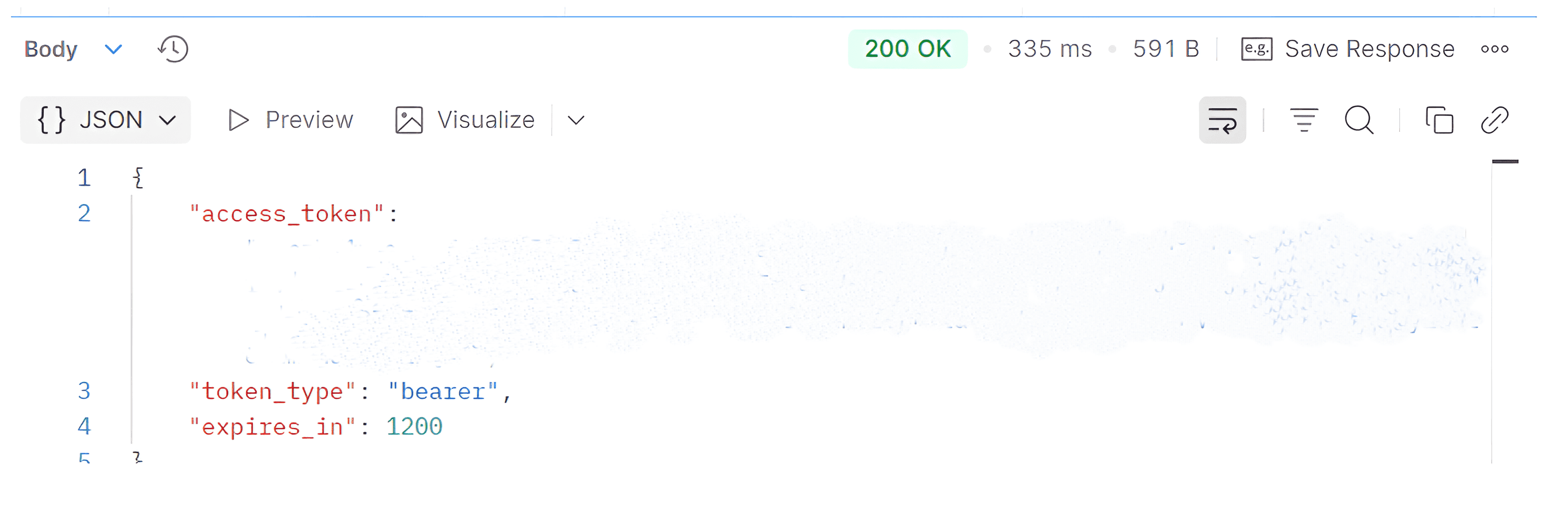 An API client response window showing a successful 200 OK status code with a JSON payload containing an access_token, token_type bearer, and expires_in duration.