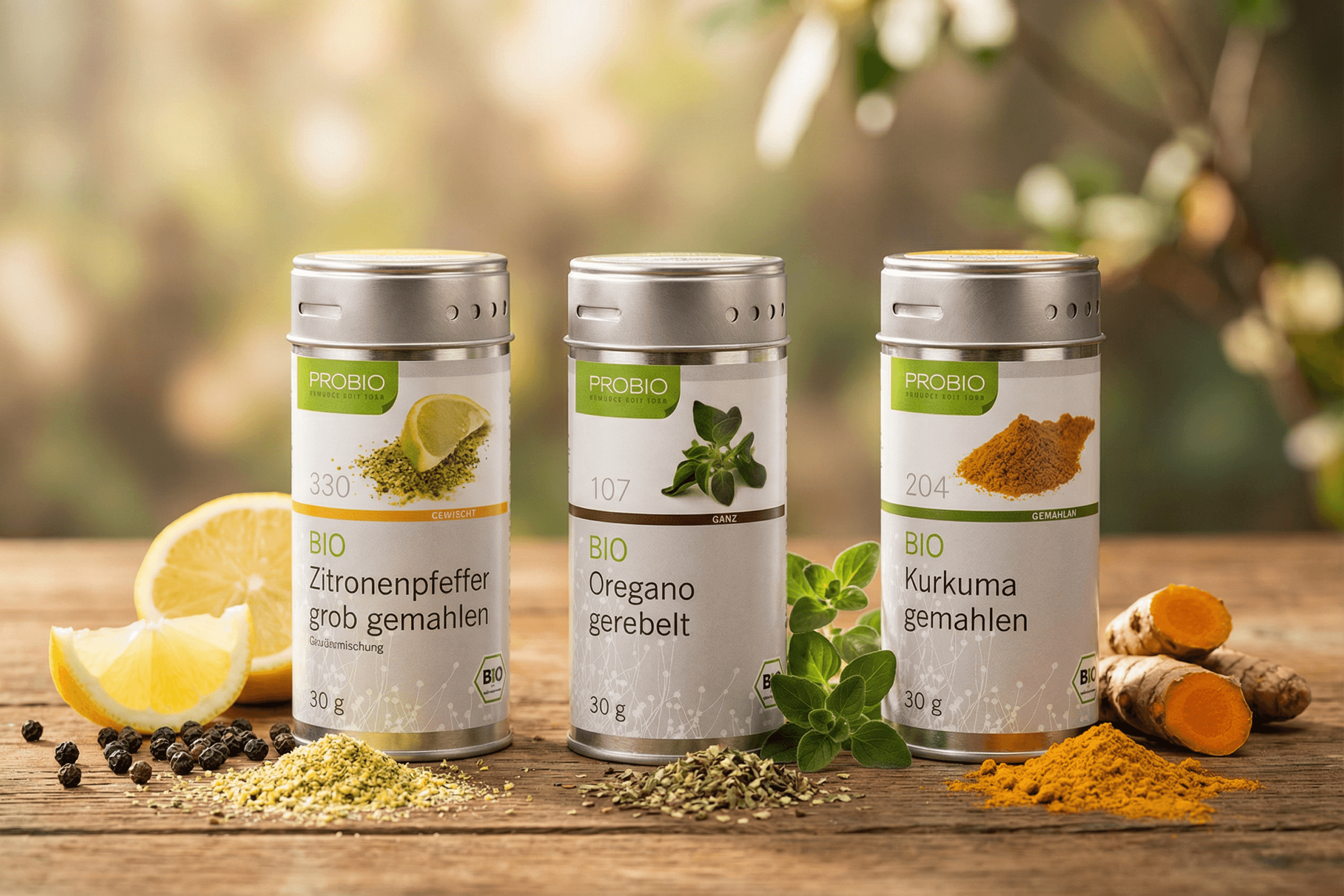 Three spice tins: lemon pepper, oregano, and turmeric