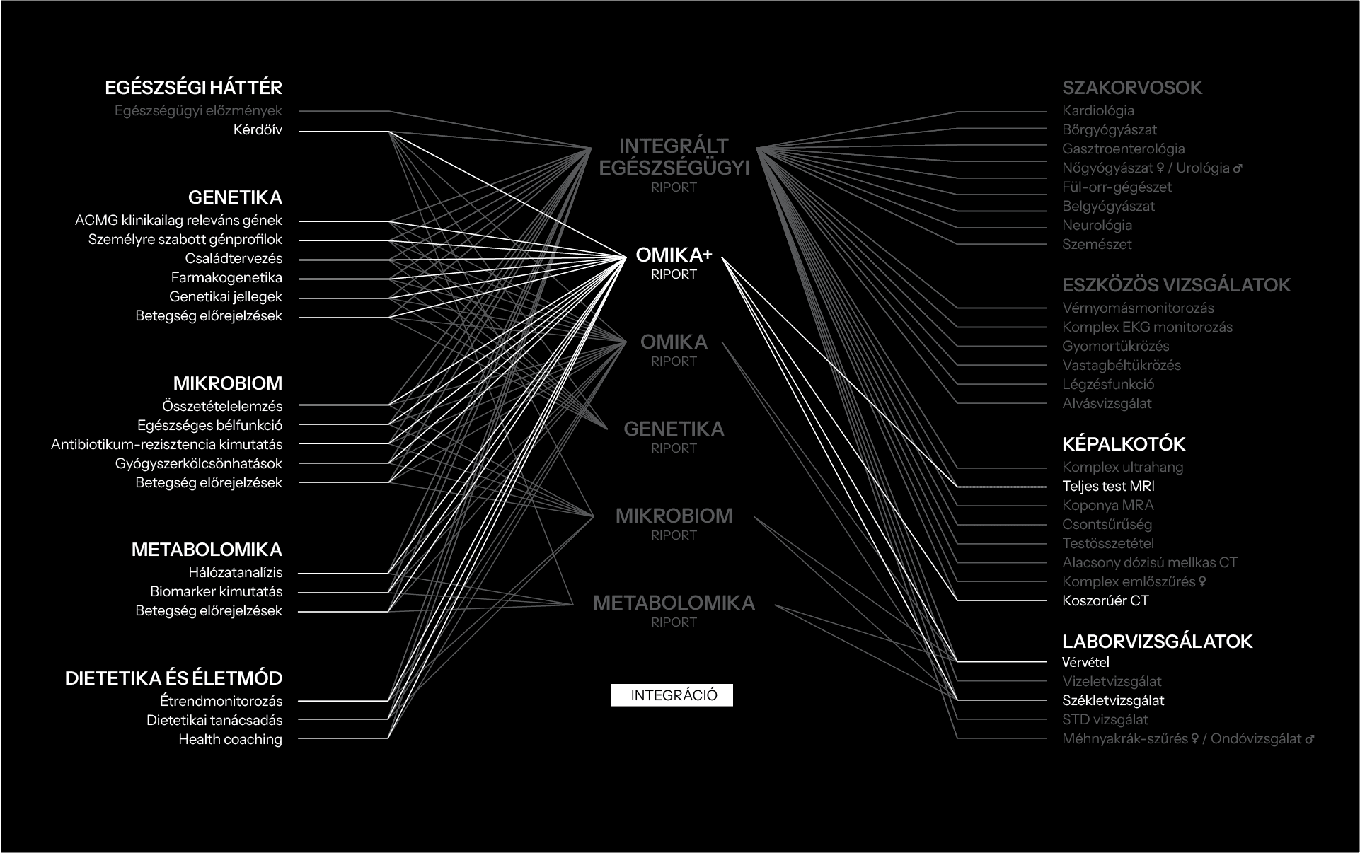This image shows a complex diagram illustrating the integration of health care systems, genetics, microbiome, metabolome, and lifestyle factors, connected through multiple intersecting lines, on a black background with various Hungarian labels indicating different health and scientific domains.