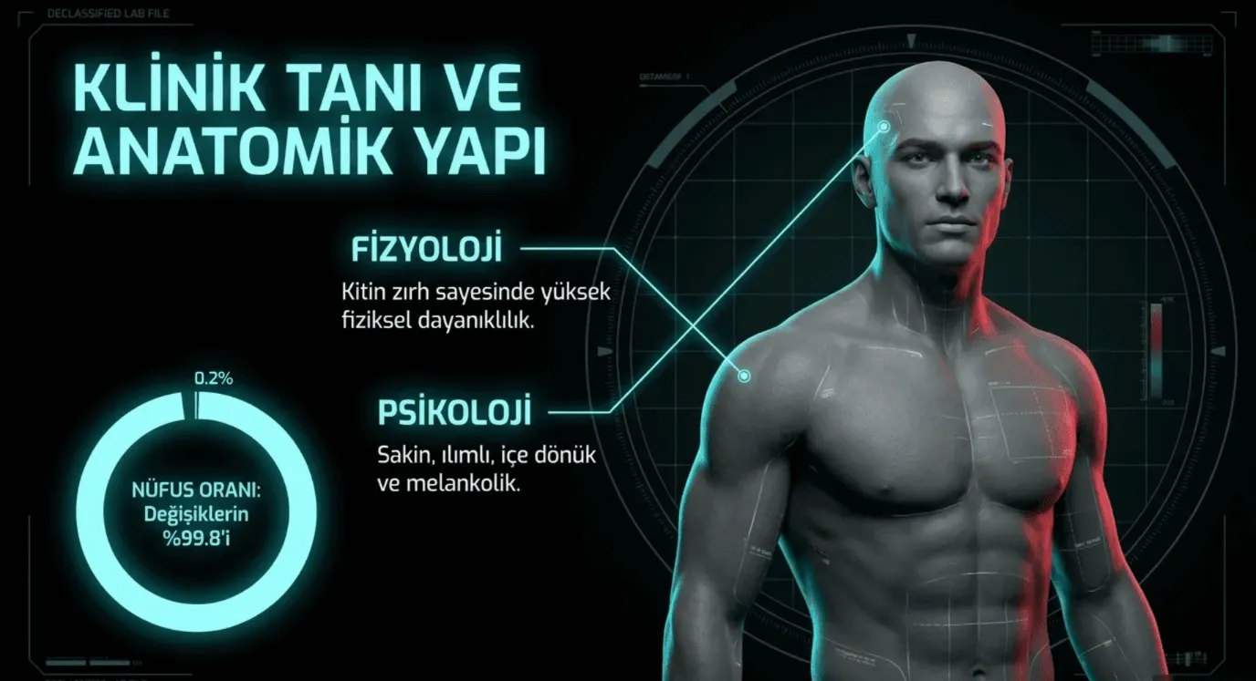 Nanomorf serisi: Gri fenotipi klinik tanı raporu ve anatomik değişim görseli. Distopik bir atmosferde kurgulanmış, 2026 yılı çıkışlı iddialı bir yerli biyopunk bilimkurgu romanı görseli.