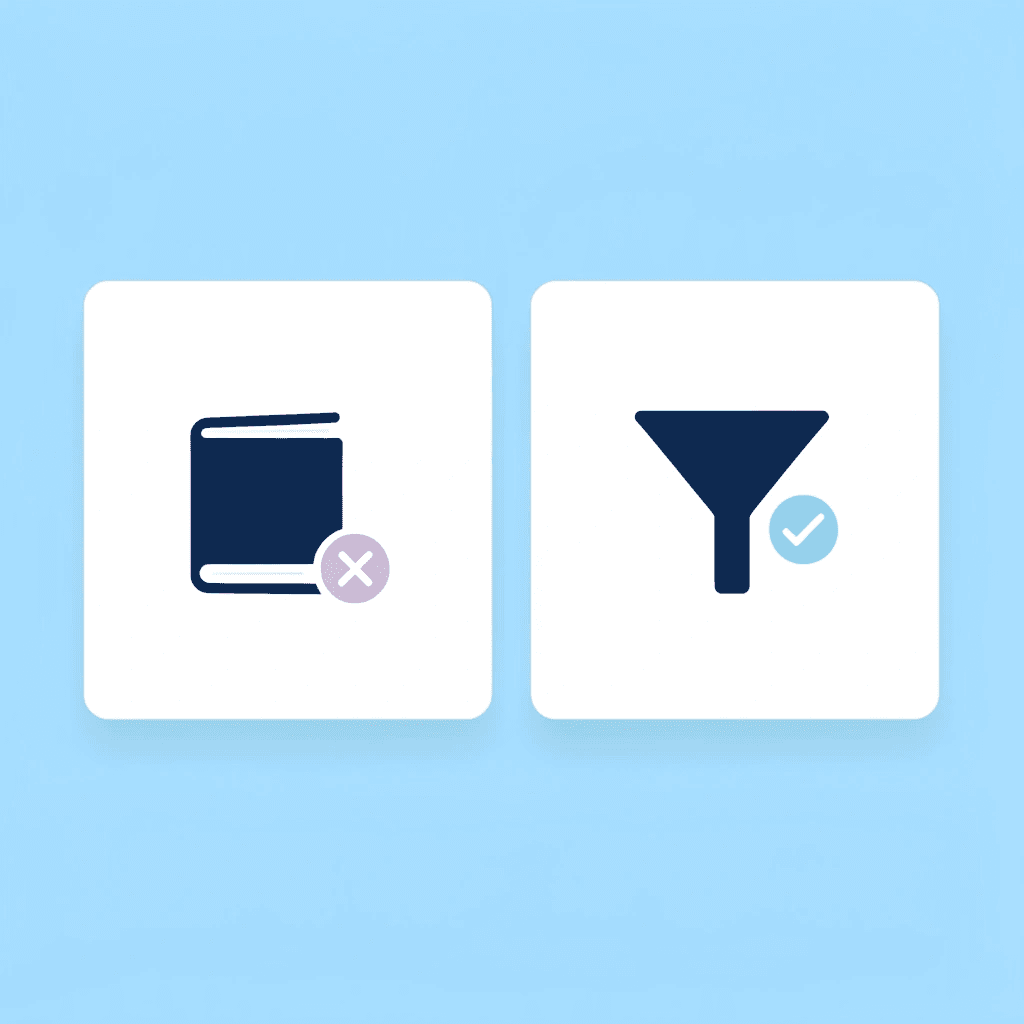 Comparison showing scattered papers on the left with X, and an organized workspace on the right with a checkmark