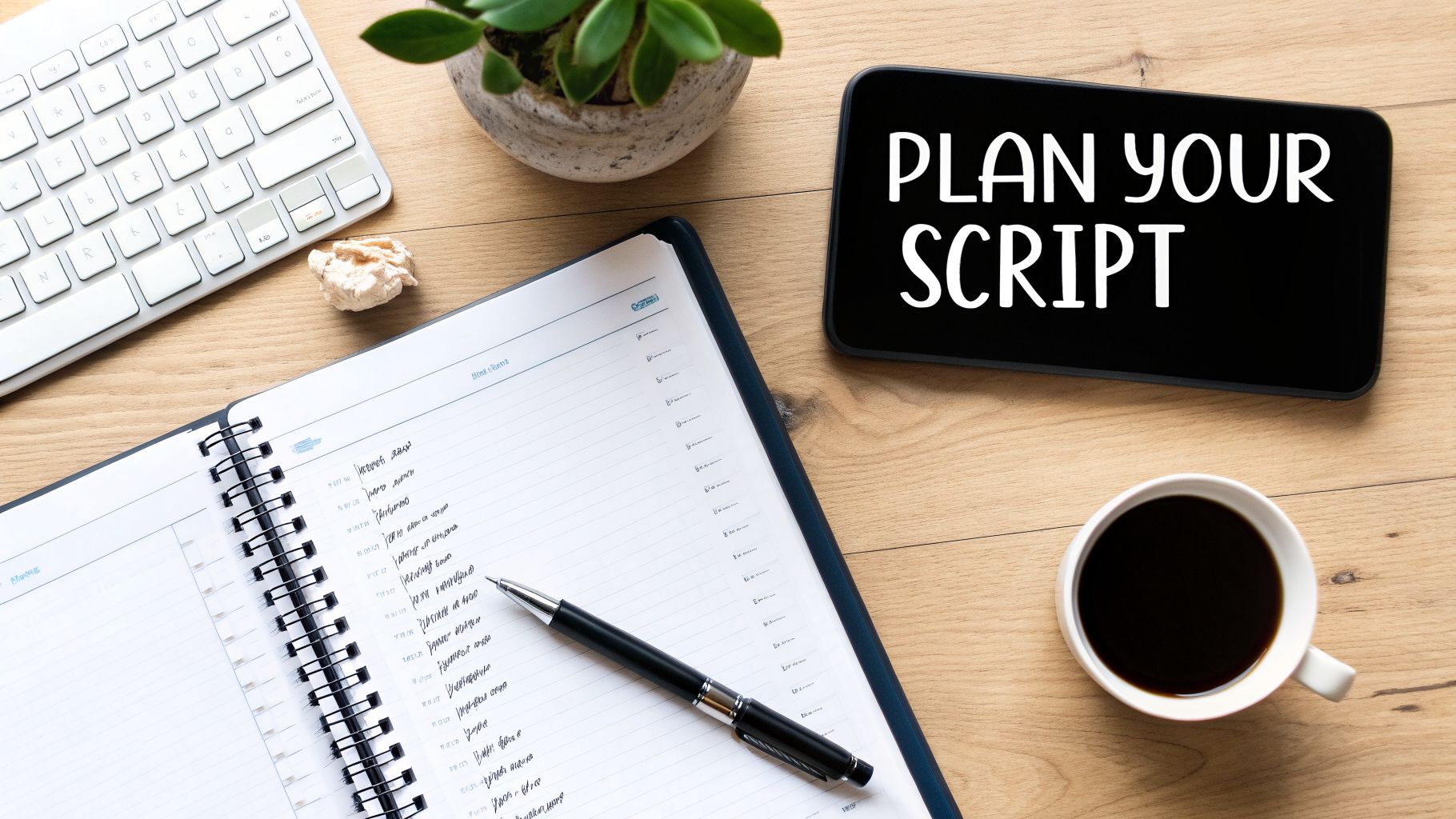 Overhead shot of a desk with a notebook, pen, coffee, keyboard, and a smartphone displaying 'PLAN YOUR SCRIPT'.