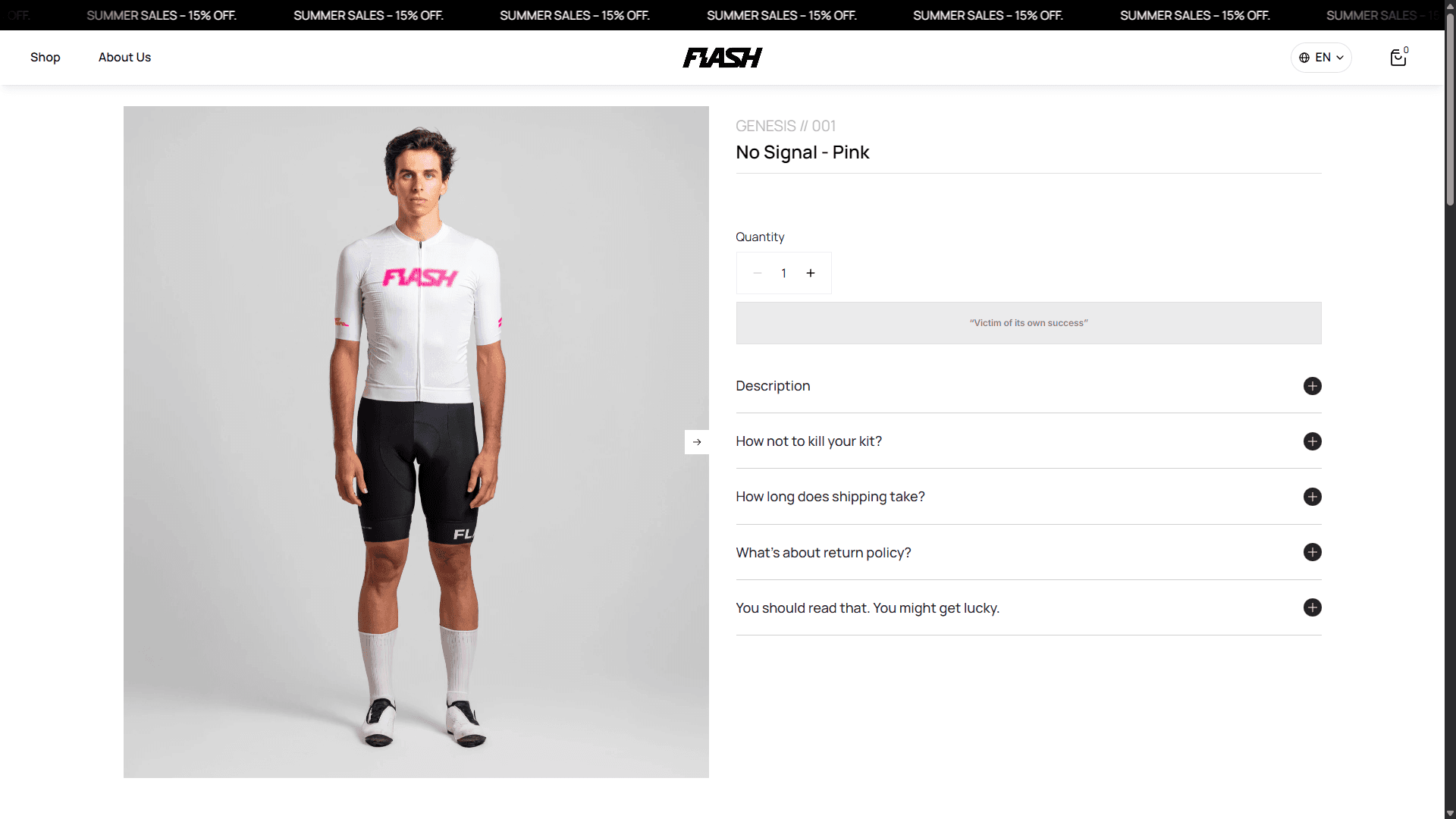 Product page showing a cyclist wearing a white and pink cycling jersey, standing against a gray studio background with product details on the right.