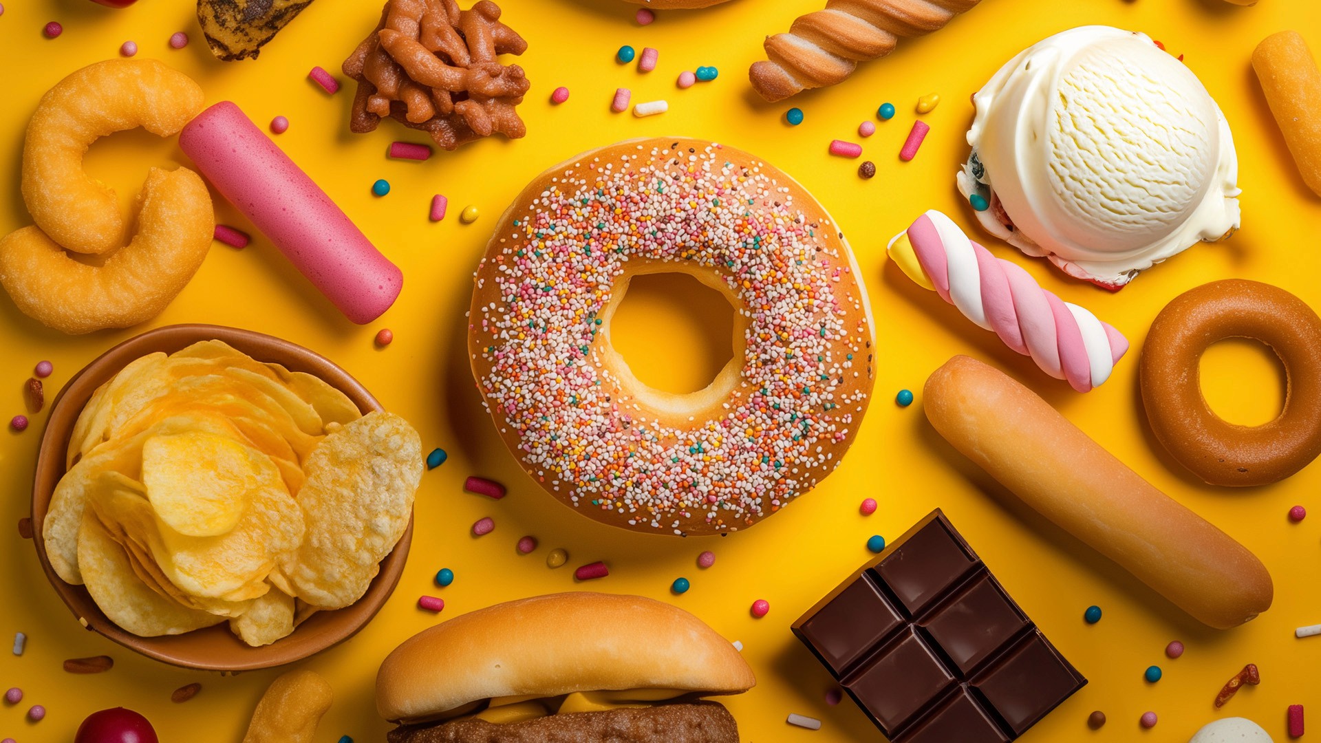 Verschiedene ungesunde Snacks wie Donuts, Chips und Schokolade auf einem gelben Hintergrund