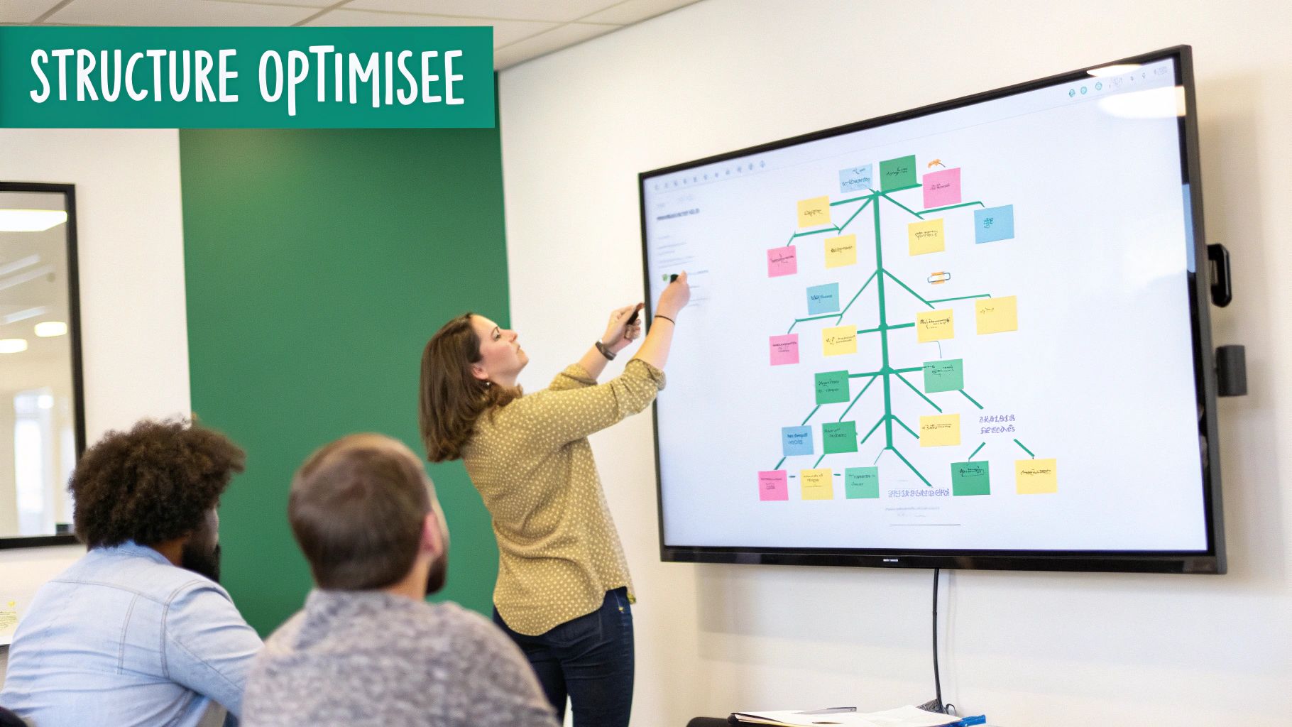 Une femme présente et explique une structure optimisée sur un grand écran interactif à des collègues en réunion.