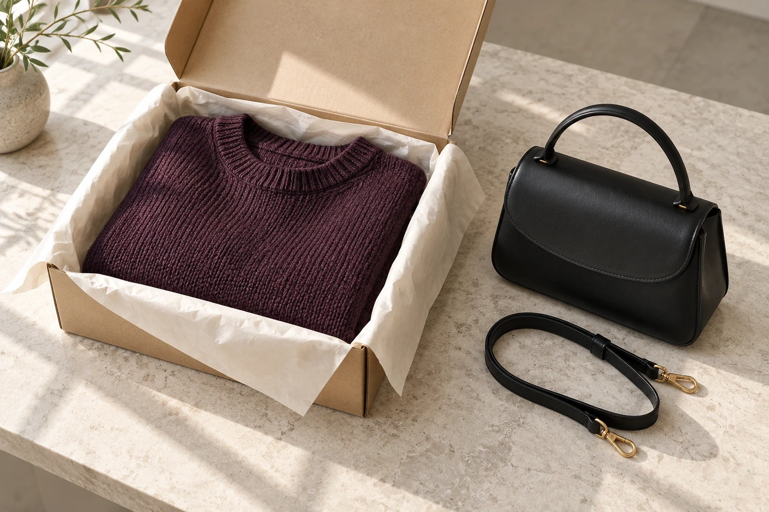 Plum sweater in a tissue-lined box beside a black handbag and its separate strap