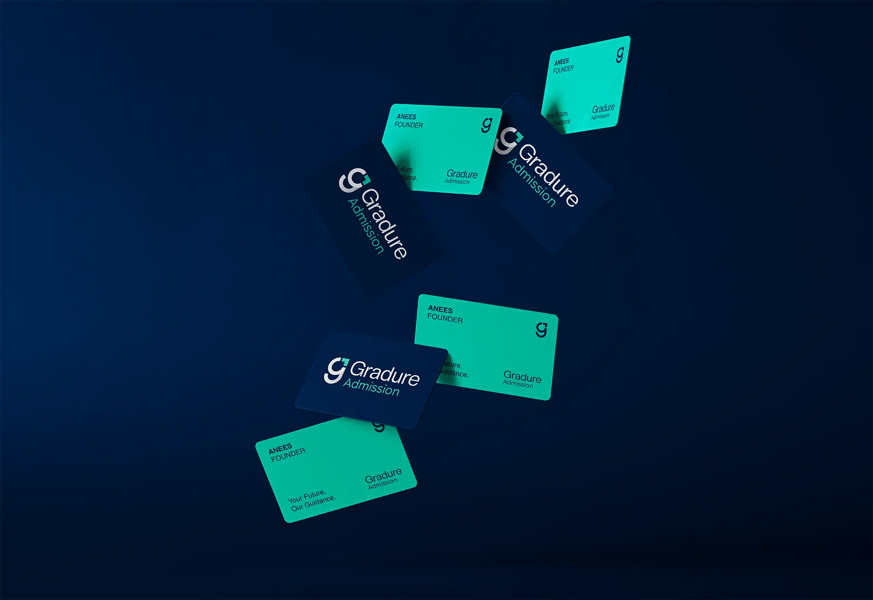Floating Gradure Admission business cards in teal and navy, showcasing the brand’s minimalist logo and typography against a dark blue background.