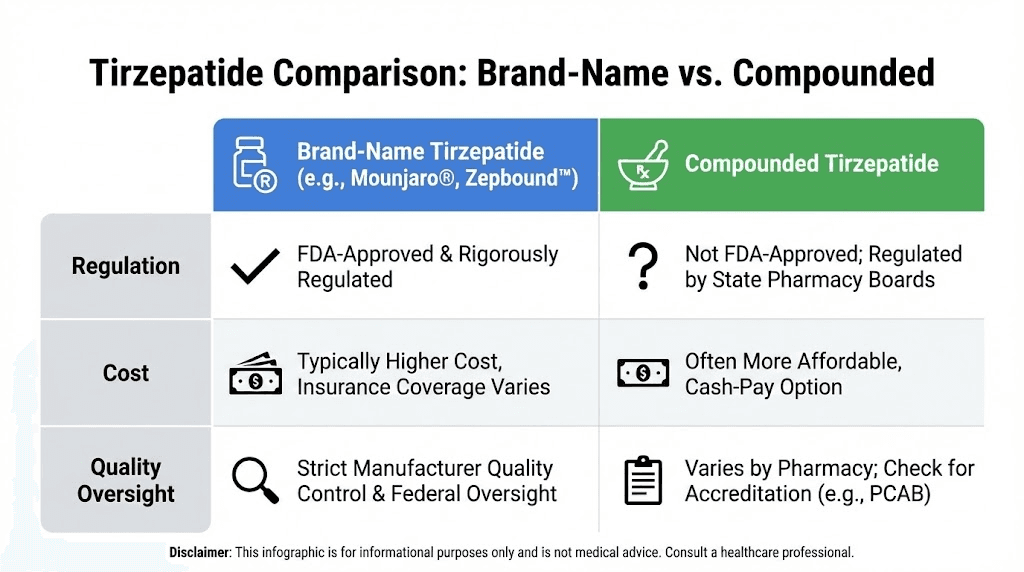 Brand name versus compounded tirzepatide comparison chart showing differences