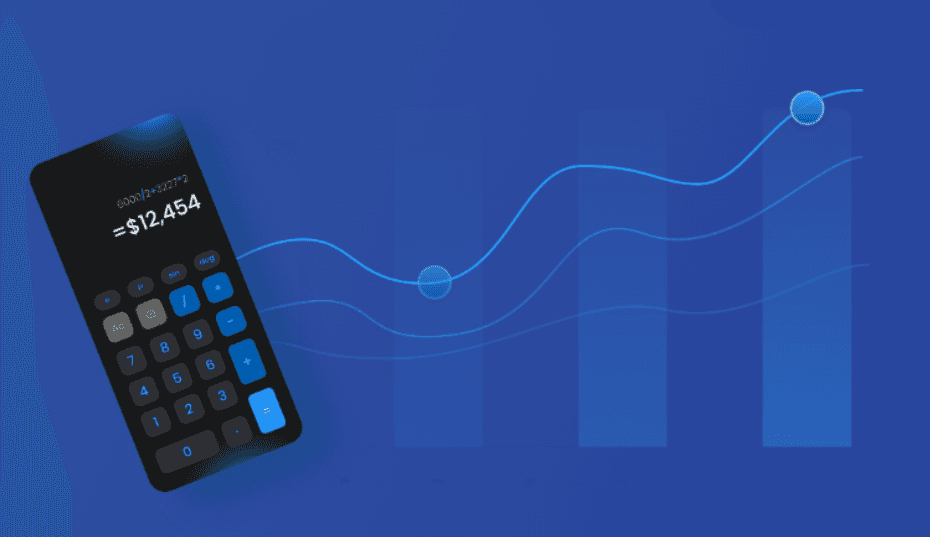 Graphic showing a calculator and upward trend chart symbolising cost optimisation and savings in facilities management with the FMClarity ROI calculator.