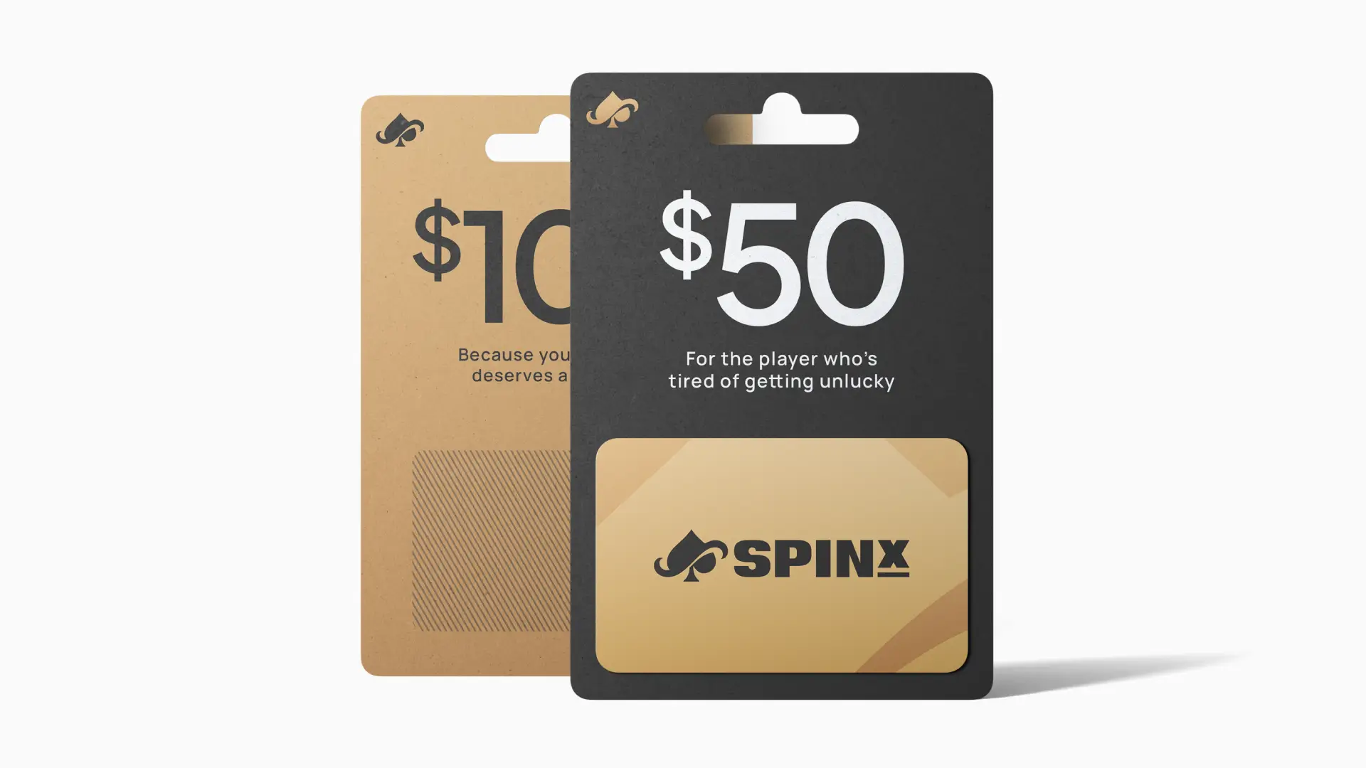 Two gift cards, one black and one gold, with values of $50 and $100. They read "For the player who's tired of getting unlucky" and "Because you deserve a break."
