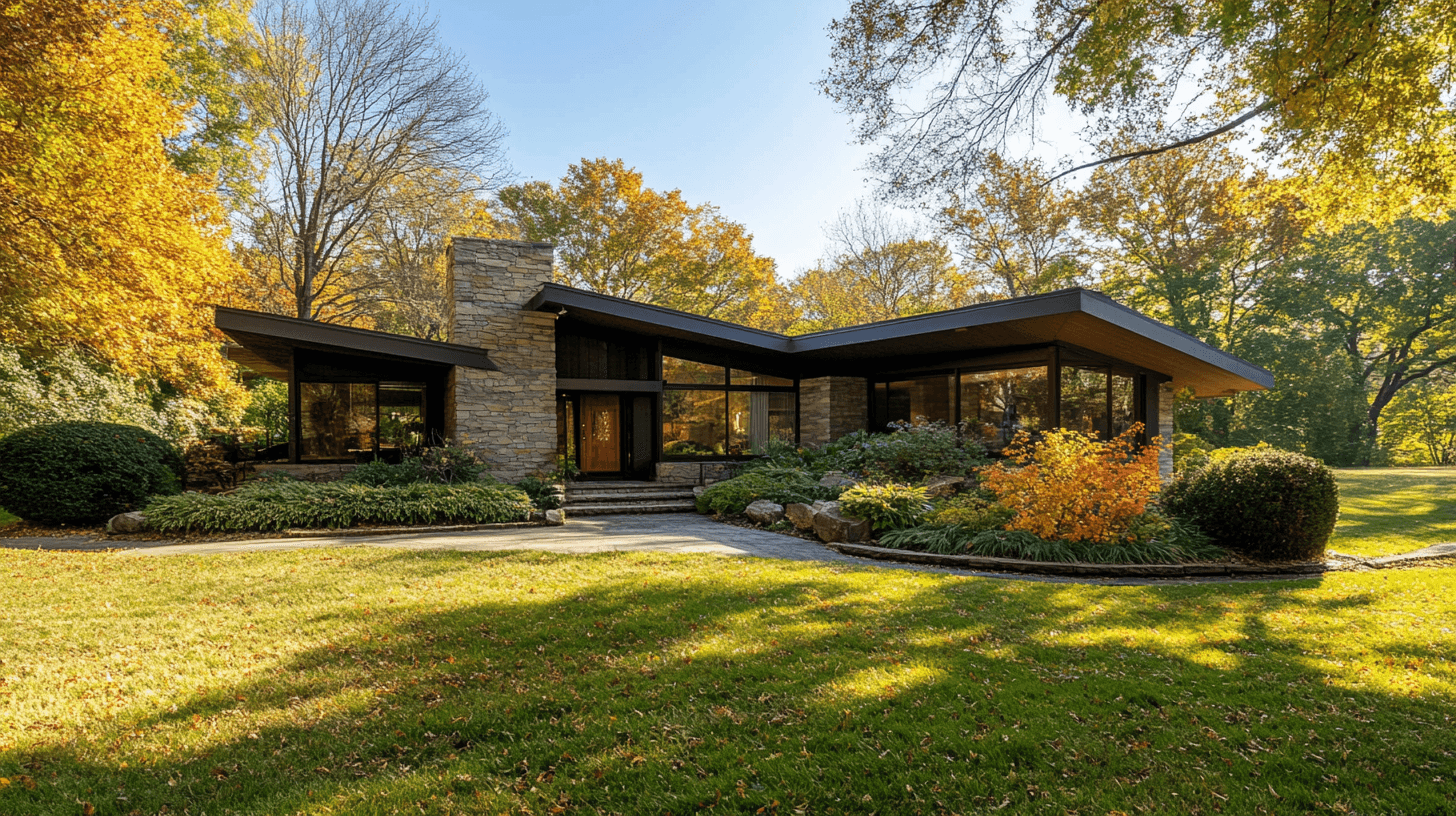 Modern house surrounded by autumn foliage, featuring large windows and a landscaped yard. Clear blue sky above.