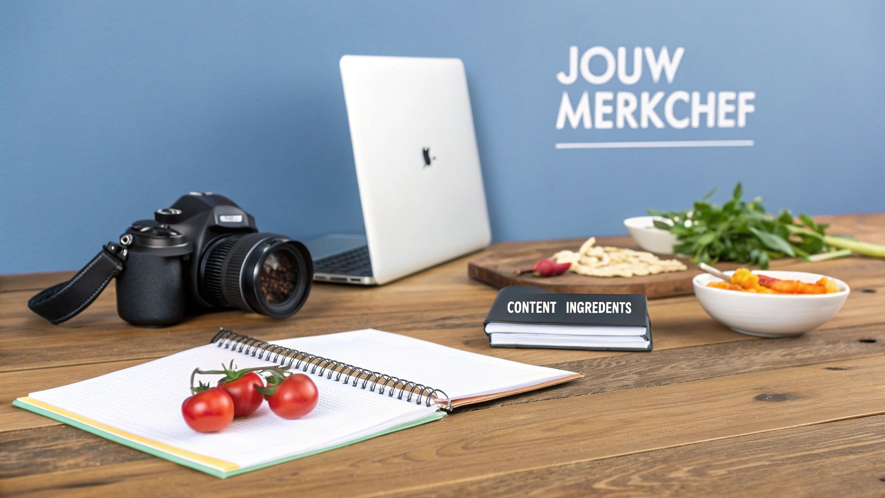 Een bureau met een camera, laptop, notitieboek met tomaten, en diverse ingrediënten voor contentcreatie.