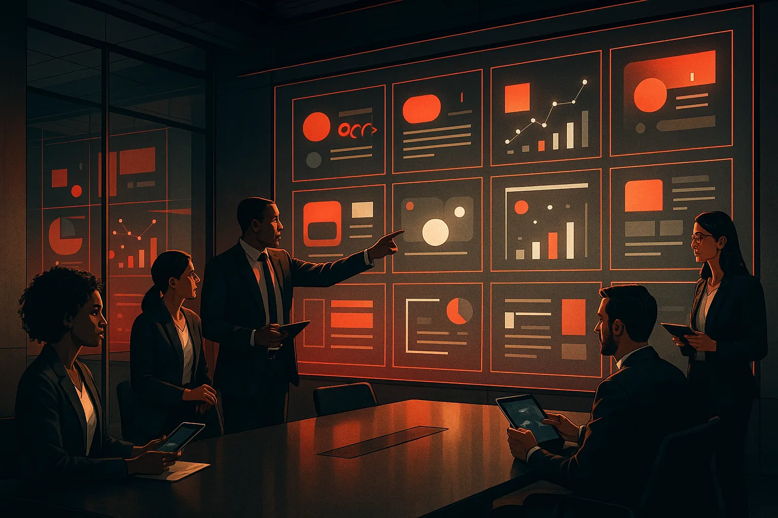 Group discussing digital marketing data at RockN' Socials Agency presentation.