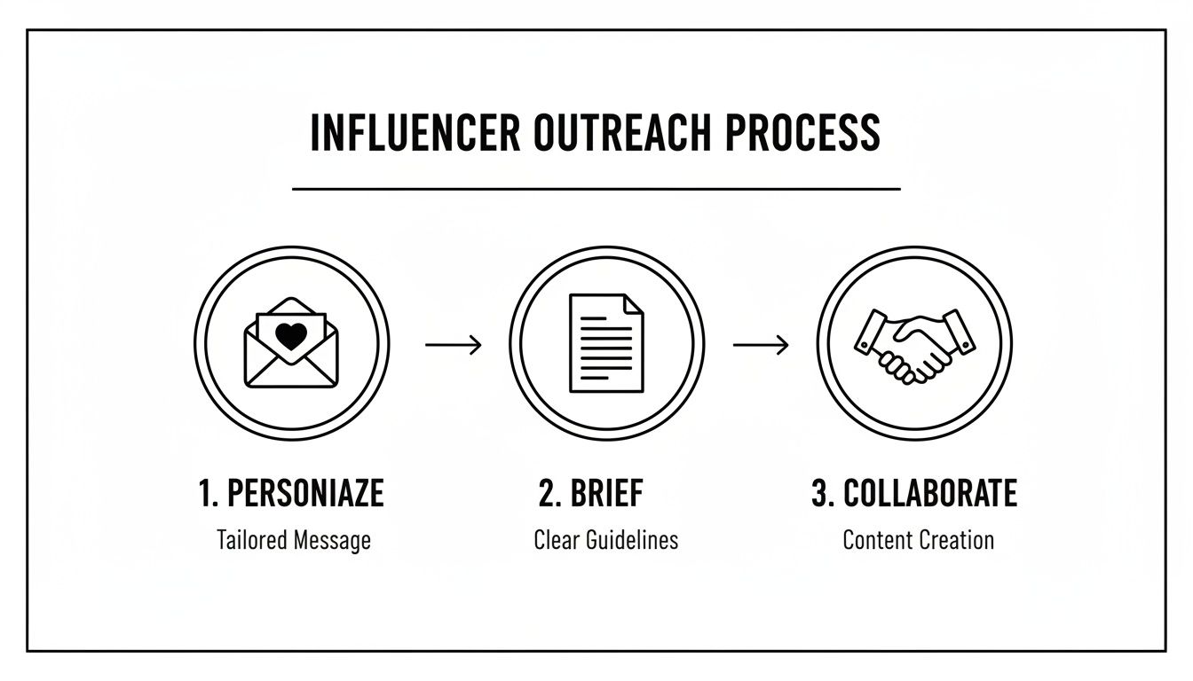 A diagram illustrating the 3-step influencer outreach process: personalize, brief, and collaborate.