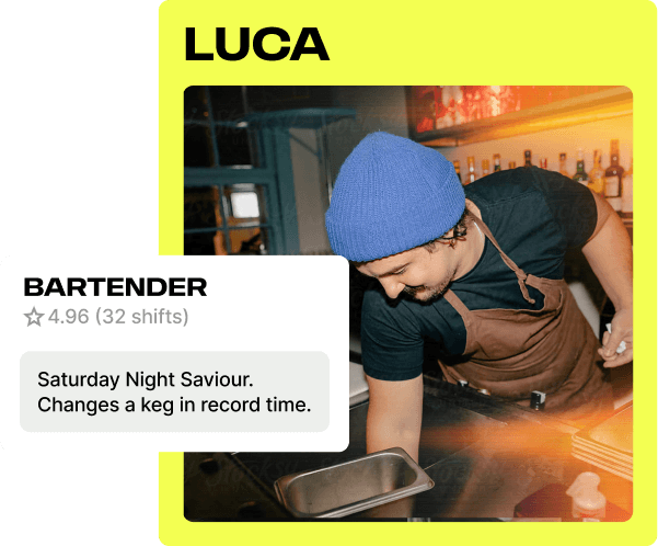 Profile card for Luca, a bartender rated 4.96 across 32 shifts