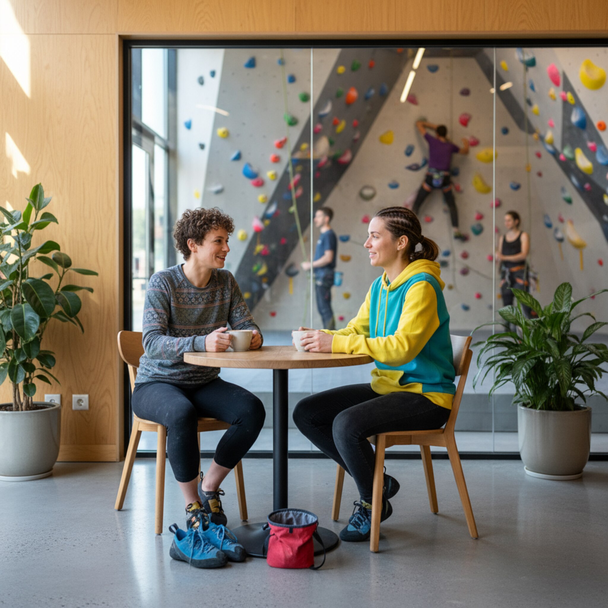 Zwei Stammgäste unterhalten sich entspannt im Cafébereich der Halle, Kletterschuhe stehen ordentlich neben dem Tisch. Durch die Glasfront sieht man geordnete Aktivität an der Wand. Die Stimmung wirkt vertraut und planbar, wie ein gut eingespielter Ablauf.