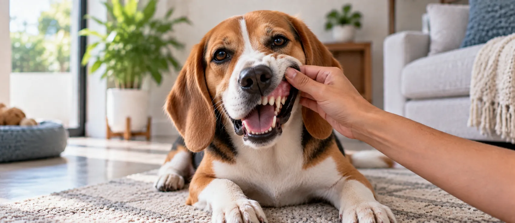 A person pulls back a Beagle's lip to check its gums and teeth.