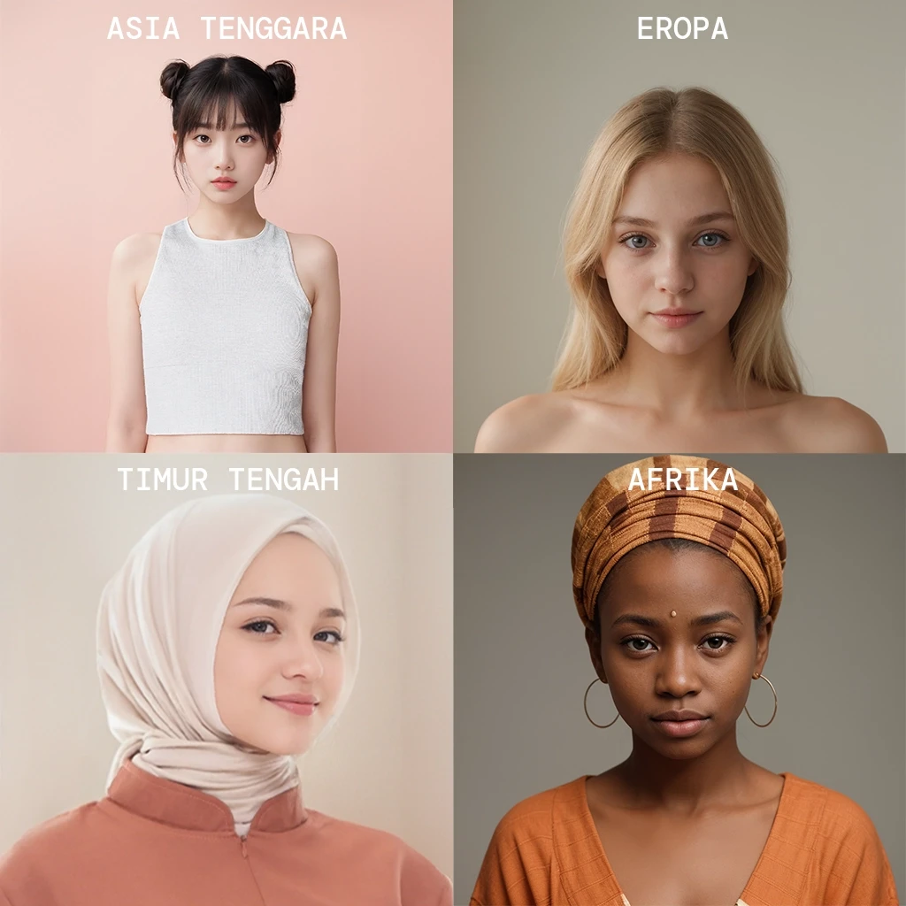 Four women's collages represent Asian, European, Arab and African ethnicities. modiqlo. ai fashion model