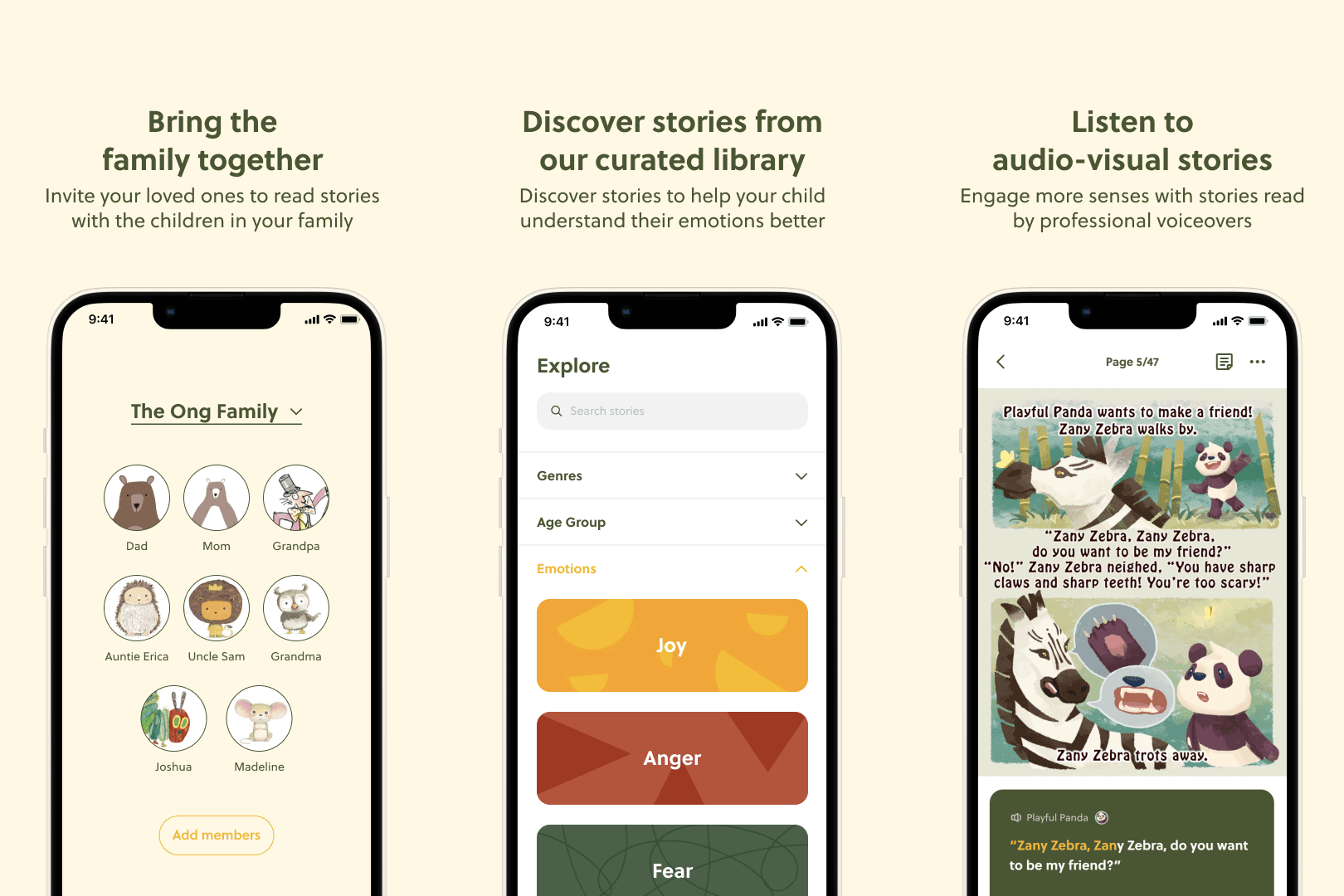 Three phone screens showcasing NineTales' key features: inviting loved ones to read stories, understanding emotions through stories, and listening to audio-visual stories by professionals