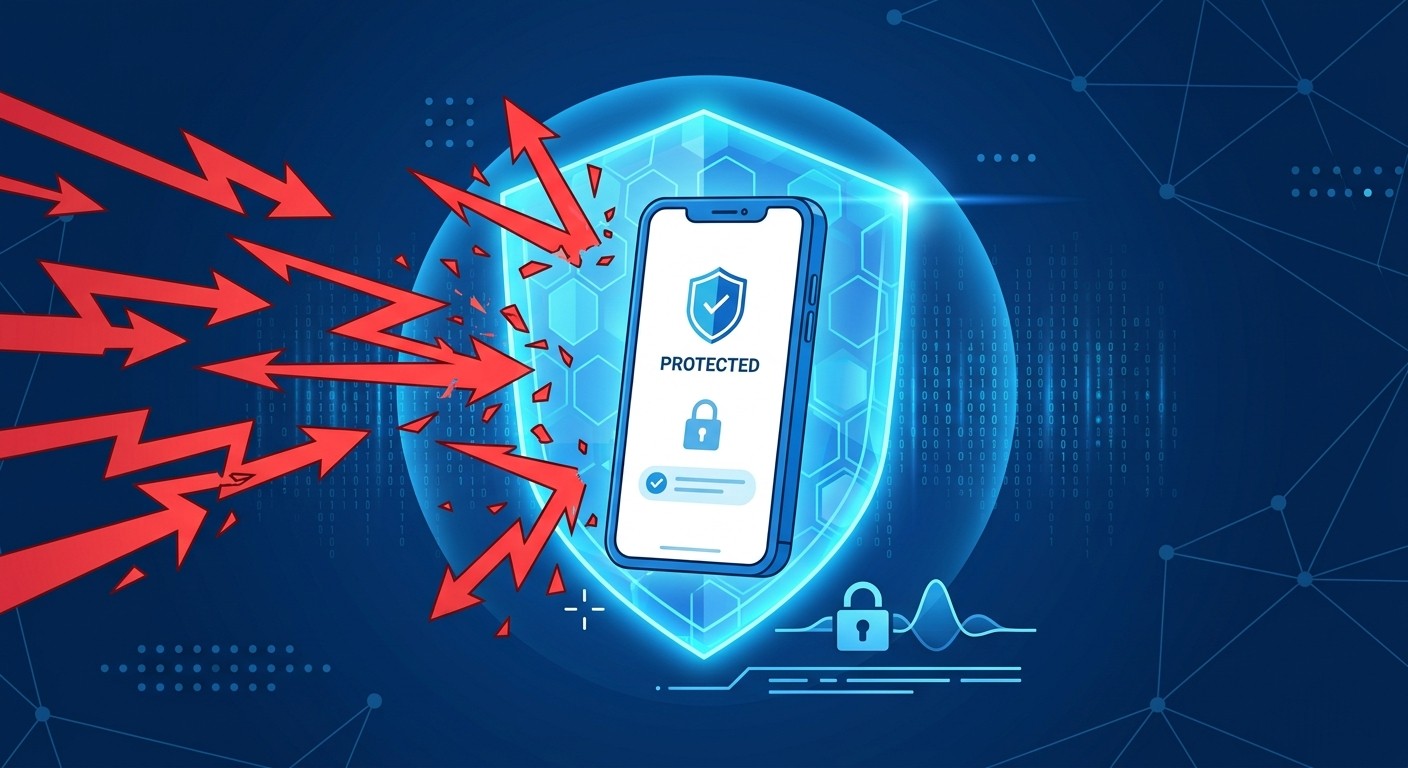 Flat illustration of a mobile app with a protective shield deflecting incoming cyber threats