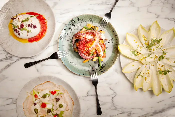 Ensemble de plats & entrées maison : burrata crémeuse des pouilles et poulpe flambé accompagné de légumes méditerranéens