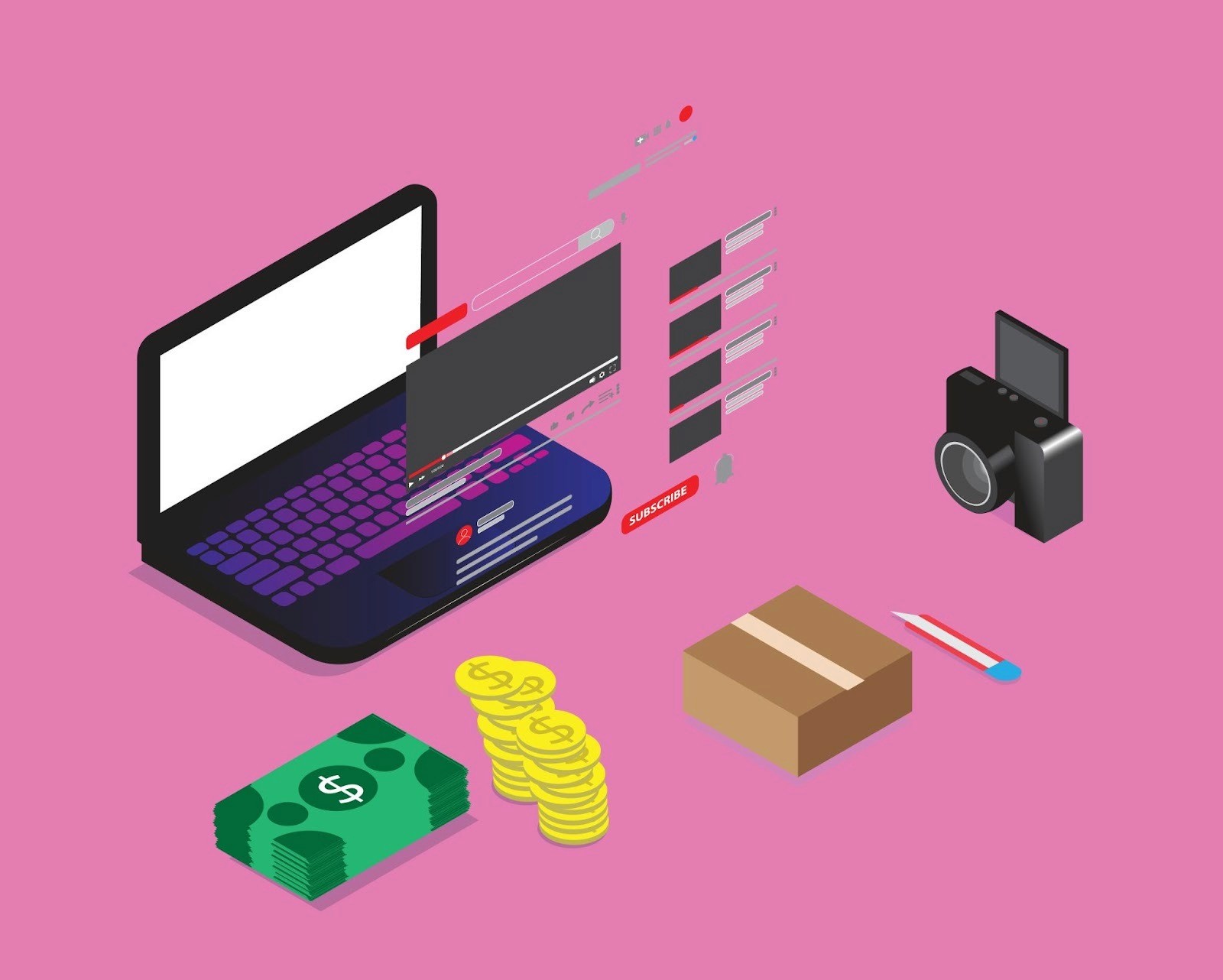 Isometric illustration of a laptop with a video platform, camera, money, and product box representing influencer marketing payments and creator campaign management