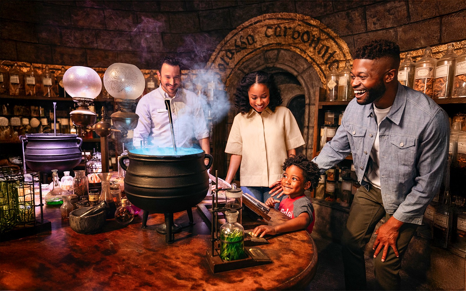 Family enjoying potion-making experience at Warner Bros. Studios Hollywood.