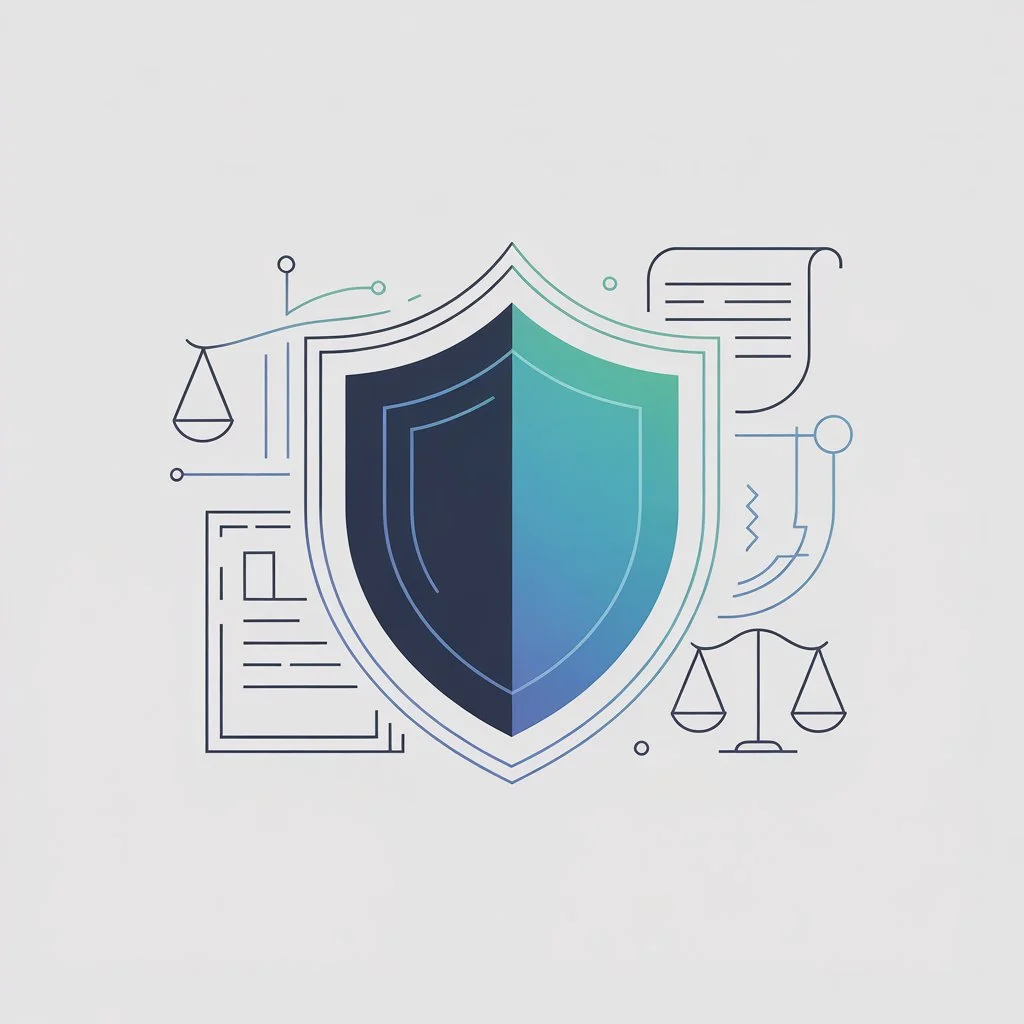 Illustration eines Schutzschields mit Waage und Rechtsdokumenten – Symbol für Firmen-Rechtsschutz