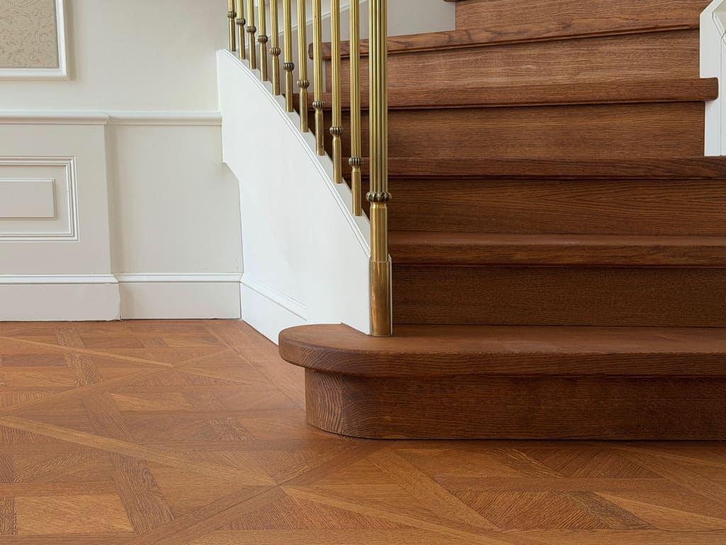 Detail einer Treppe mit Messinggeländer und angrenzendem Fischgrätparkett