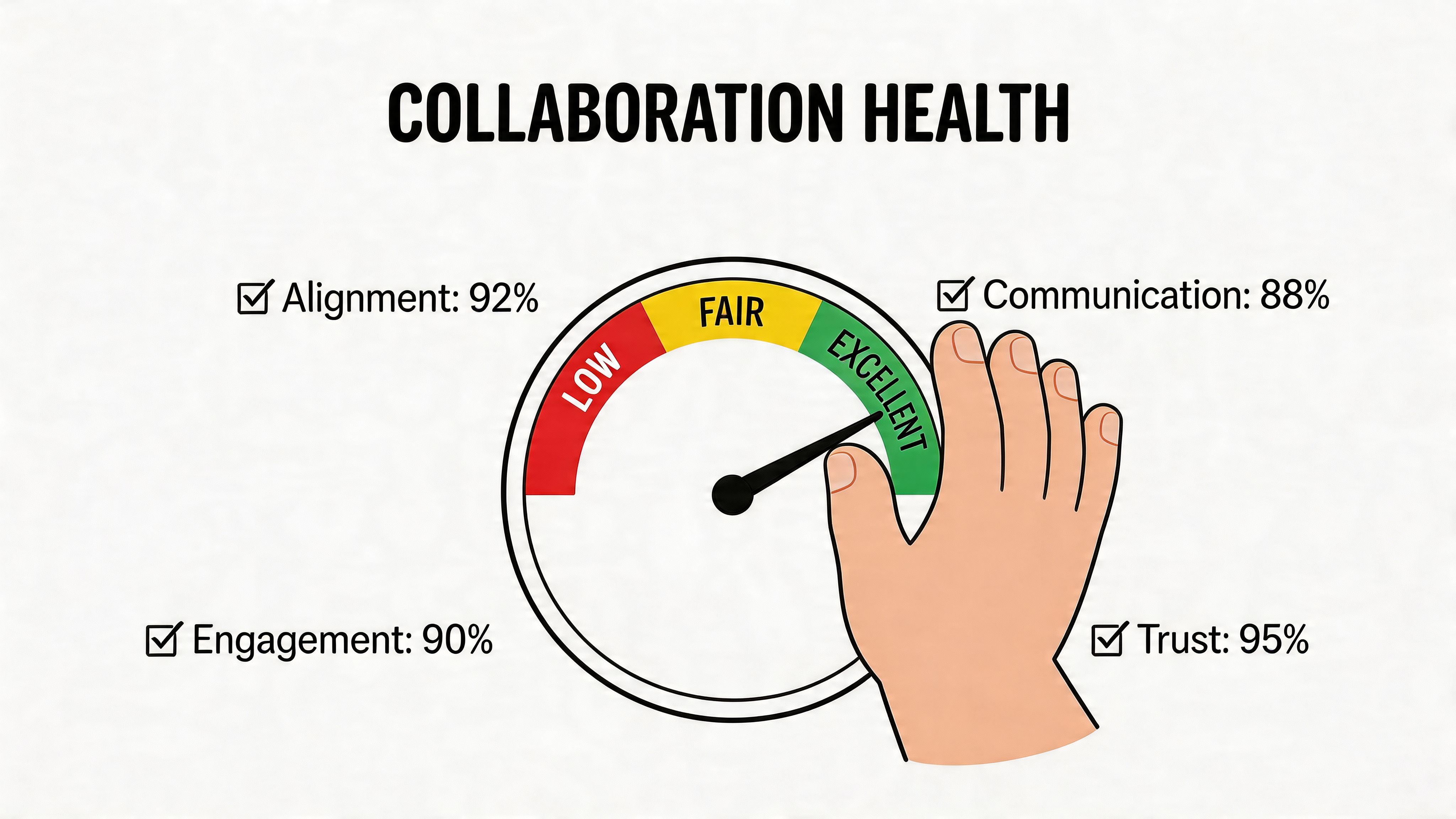 A hand adjusts a speedometer gauge illustrating high collaboration health with metrics for alignment, engagement, communication, and trust.