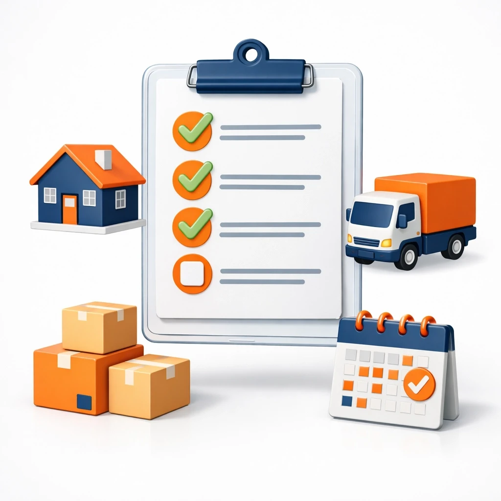 Moving quote checklist with house, truck, boxes and calendar icons